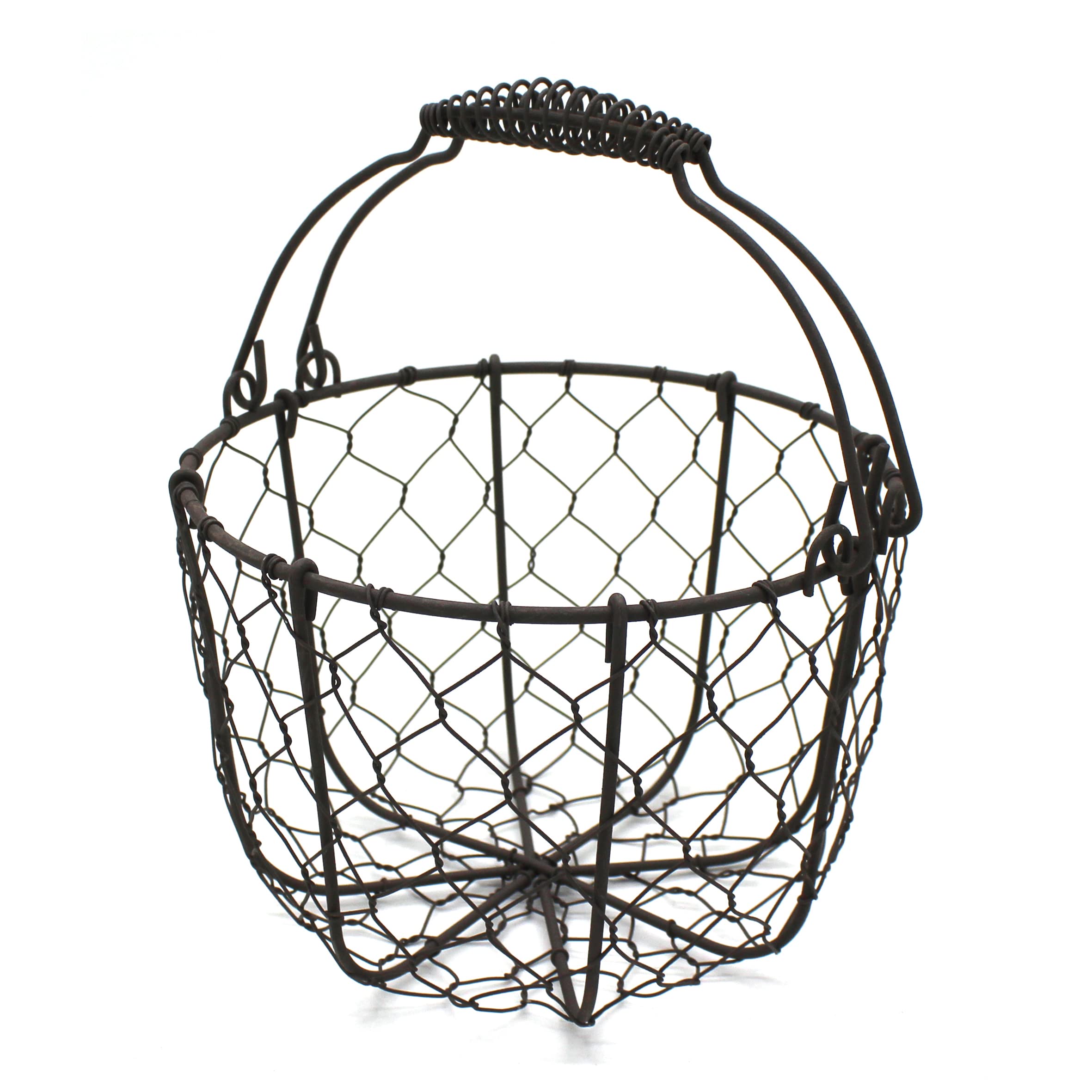 Vintage Rustic Round Chicken Wire Egg Basket with Swing Handles - Primitive Farmhouse Fruit Gathering Basket for Kitchen, Garden & Home Decor | Perfect for Farmhouse Style, Easter Decor, Farmers Market Display & Rustic Wedding Centerpieces