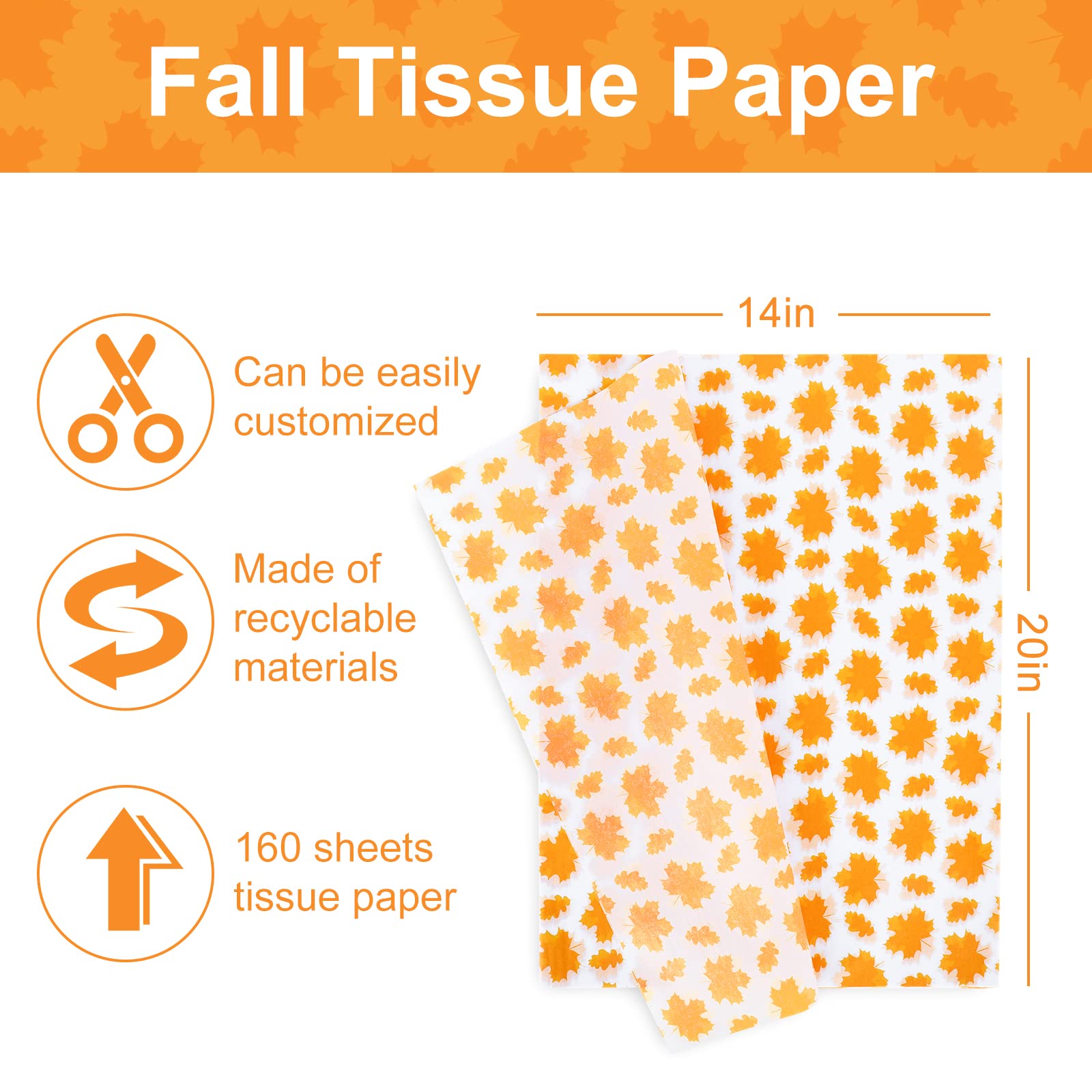 Whaline 160 Sheets Fall Tissue Paper - Pumpkin Wrapped Flat Thanksgiving Gift Wrapping, Rustic Art Paper for DIY Crafts, Home Decor, Party Favors & Gift Bags (14x20 Inch) - Perfect for Autumn Decorations, Seasonal Crafts & Holiday Gift Wrapping