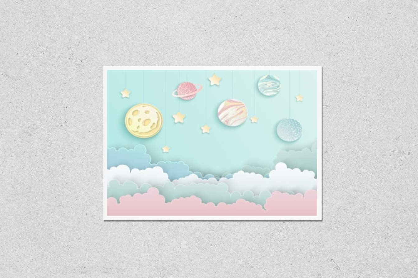 KwikMedia Abstract Origami Art Poster - Solar System Planets, Stars, Moon & Clouds in Pastel Colors | Wall Decor for Bedroom, Living Room & Office