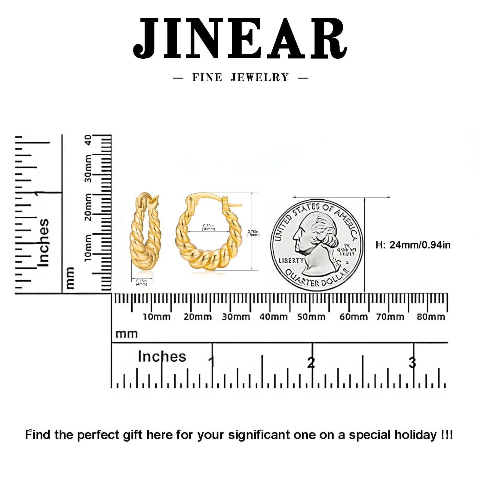 14K Gold Plated Croissant Earrings for Women - Chunky Hoop Earrings with CZ Stones, 925 Sterling Silver Post Huggie Earrings - Perfect Mother's Day Gift, Birthday Present & Everyday Fashion Jewelry