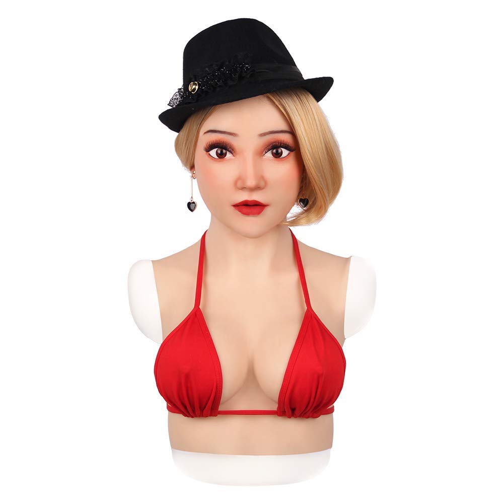Realistic Silicone Mask with C Cup Breast - Light Beige Transgender Crossdressing Headwear for Cosplay & Halloween Costumes