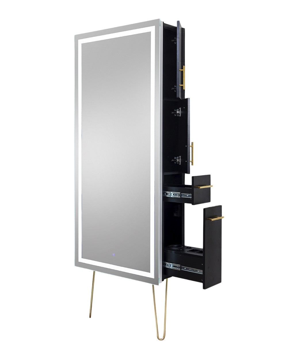 Premium LED Salon Mirror with Storage Station & Gold Legs - Perfect for Makeup Vanity, Dressing Room, and Beauty Salon Use