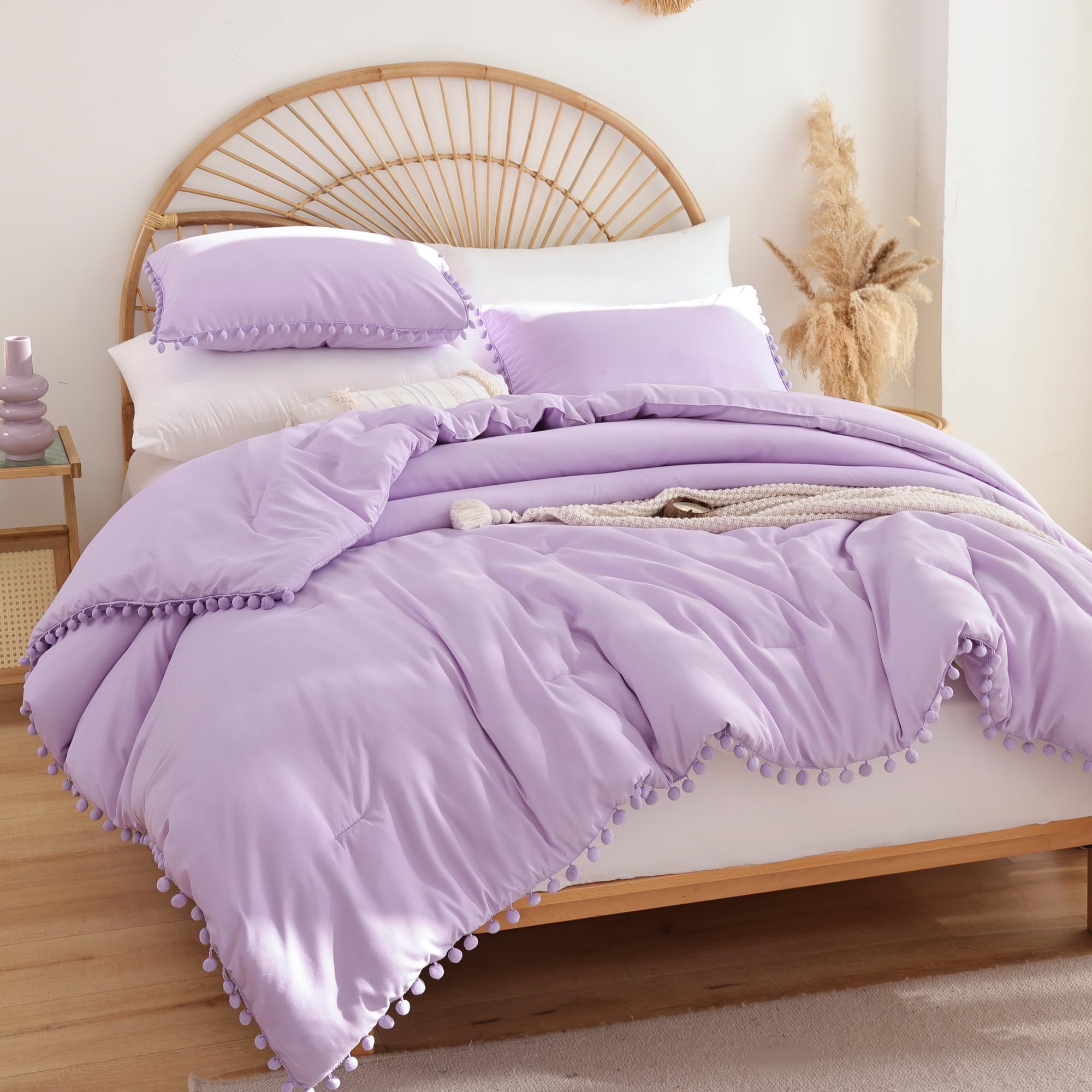 YIRDDEO Queen Comforter Set with Pom Fringe - 3 Piece Lavender Bedding for All Seasons - Perfect for Master Bedroom Decor