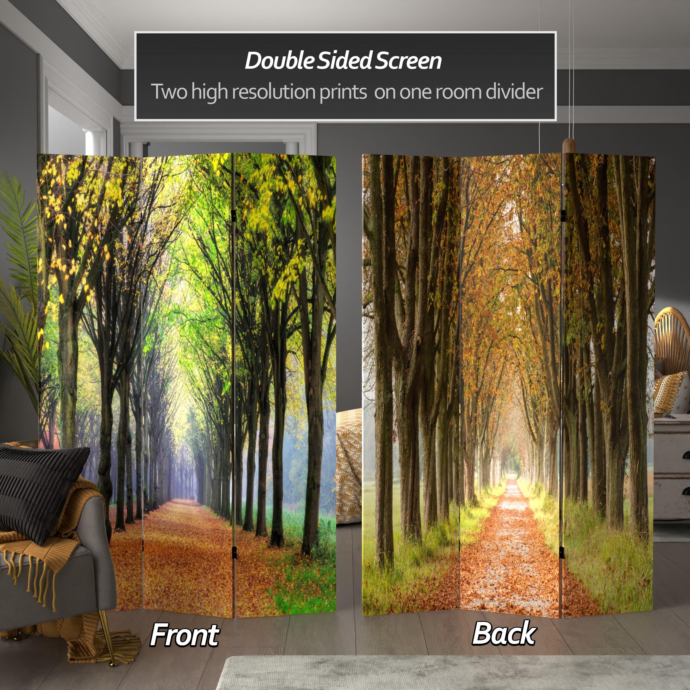 6 ft. Tall Double Sided Red Lantern Autumn Footpath Canvas Room Divider - Green Decorative Screen for Home, Office, Wedding & Party Decor
