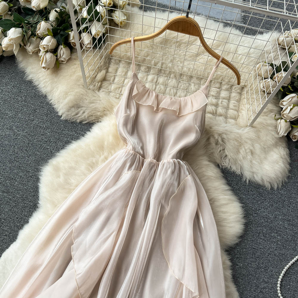 Elegant Ladies Summer Chiffon Dress with Ruffled Suspenders & Long Flowy Skirt - Fairy-Inspired Floral Maxi Dress for Beach, Wedding, or Casual Outings