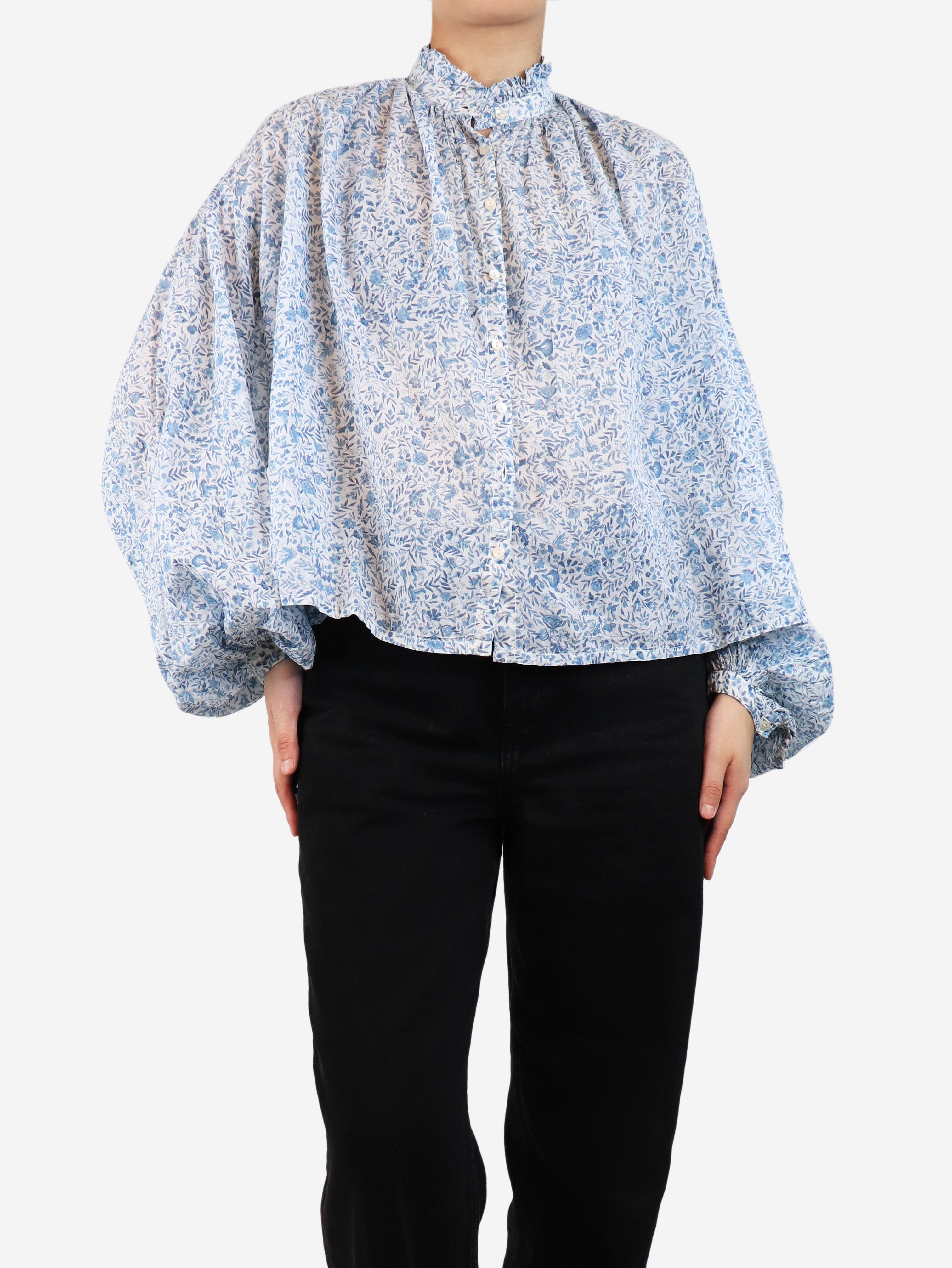 Blue Floral Blouse for Women Size S - Elegant Spring Summer Casual Top for Office, Date & Vacation