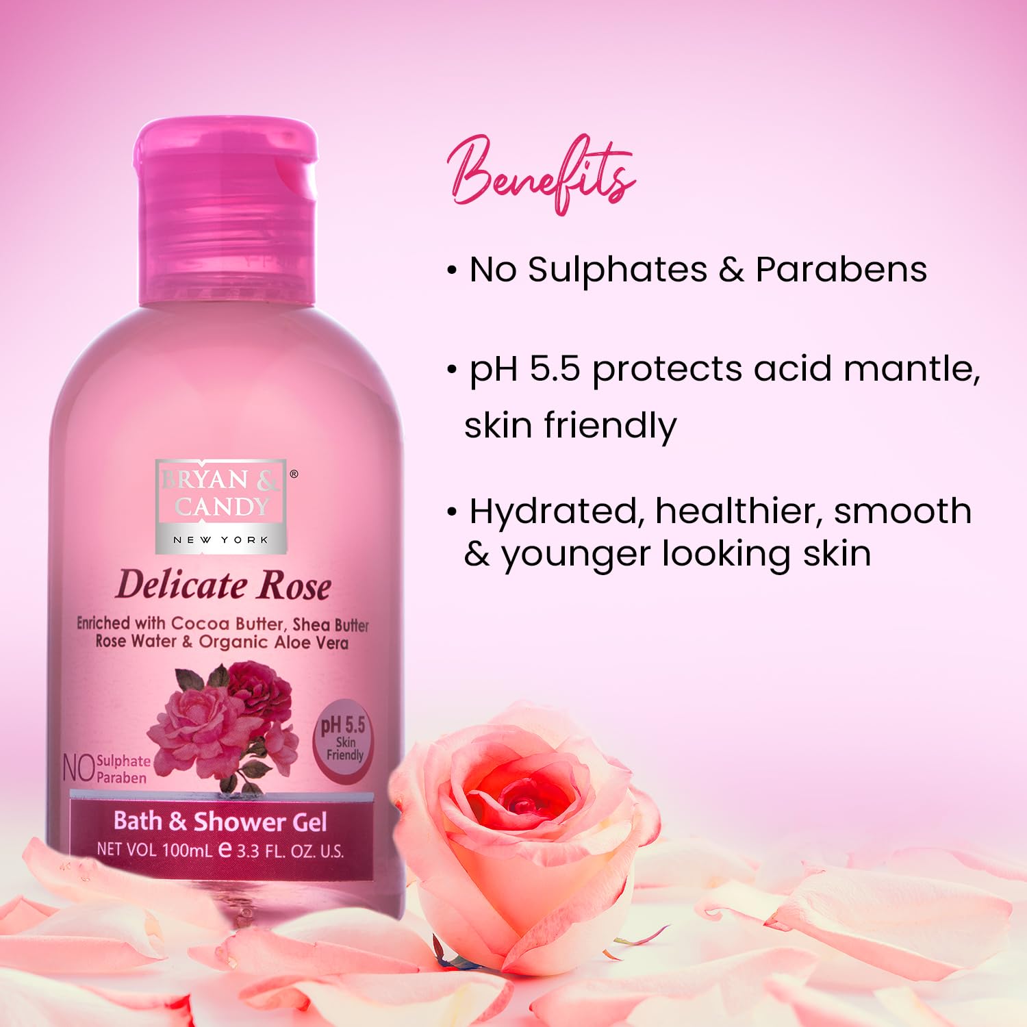Bryan & Candy Aloe Vera Shower Gel - Gentle Moisturizing Body Wash for Soft Skin | Delicate Rose Scent 100ml | Daily Hydration for Dry & Sensitive Skin - Perfect for Morning & Nighttime Shower Routine