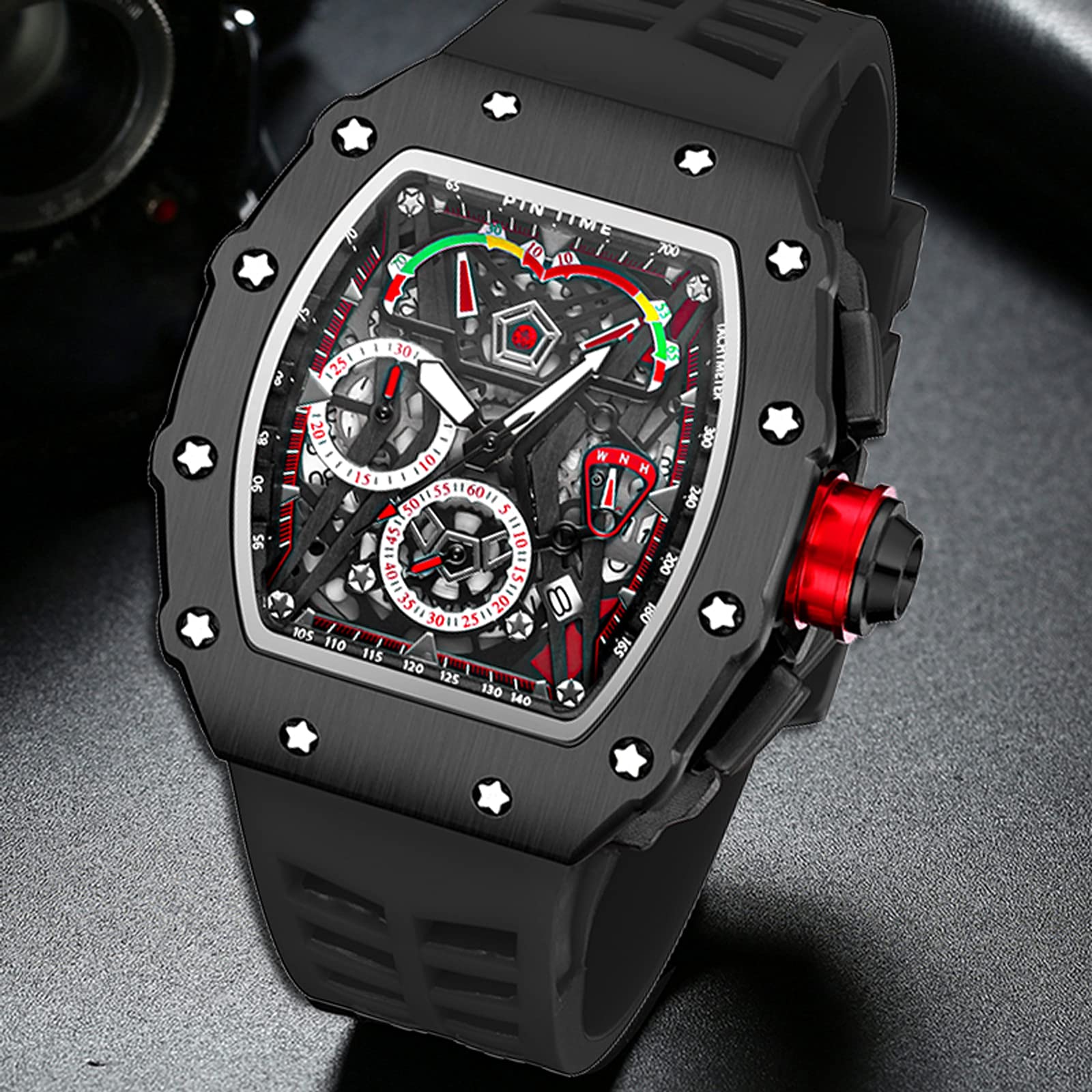 PINTIME Men's Fashion Watch - Hollow Punk Chronograph Sports Wristwatch - Luxury Designer Timepiece for Casual & Formal Wear - Perfect for Business, Dating & Special Occasions