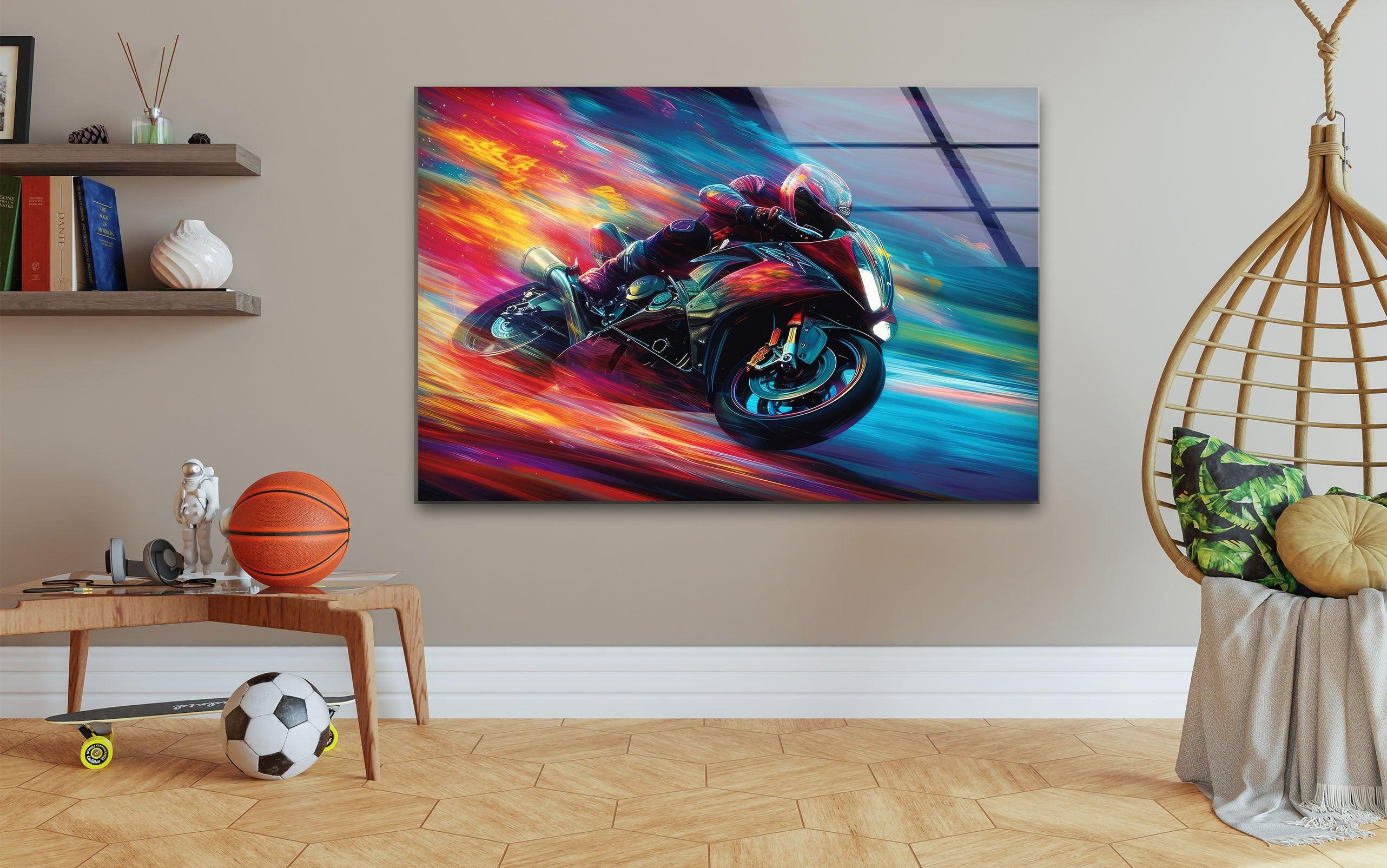 Vibrant Motor Racer Glass Wall Art - Modern Home Decor for Living Room, Bedroom & Office - Unique Automotive Themed Gift for Car Enthusiasts