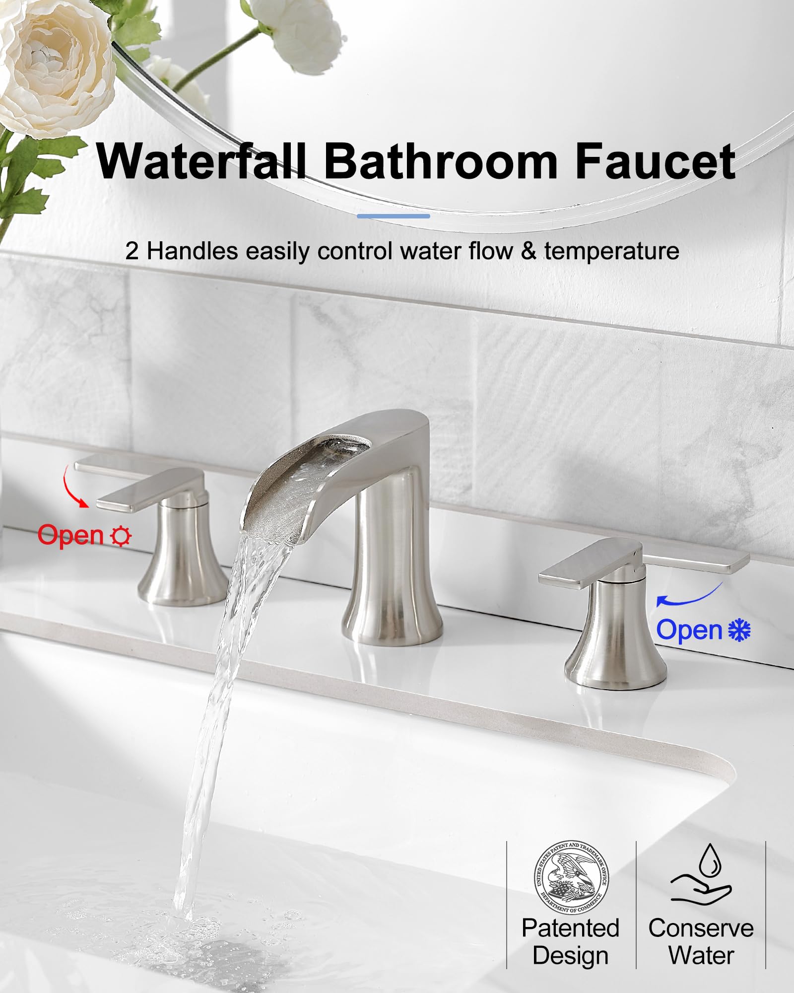 Brushed Nickel Widespread Bathroom Faucet - 8 Inch 2-Handle Waterfall Sink Faucet for Vanity, Solid Brass 3-Hole Mount with Pop-Up Drain - Perfect for Modern Bathroom, Lavatory & Restroom Renovations