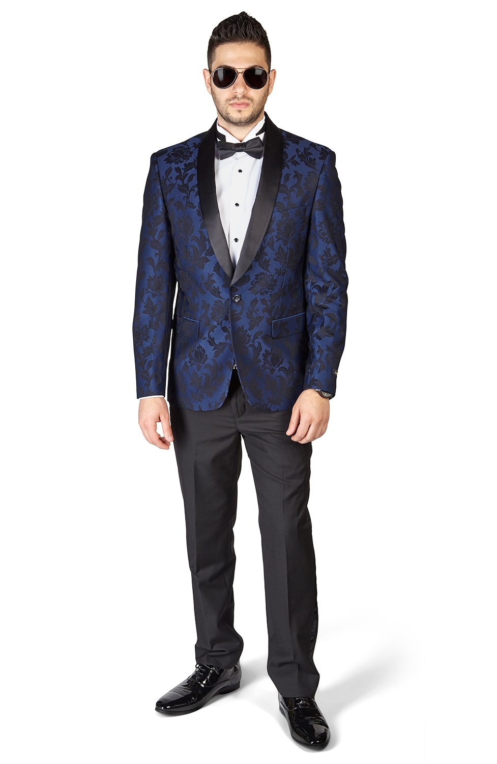 AZAR 1714 Slim Fit 1-Button Shawl Collar Satin Floral Tuxedo Jacket & Black Dress Pants Set for Men | Wedding Suit, Prom Tuxedo, Evening Party Attire, Gala Outfit, Formal Occasions