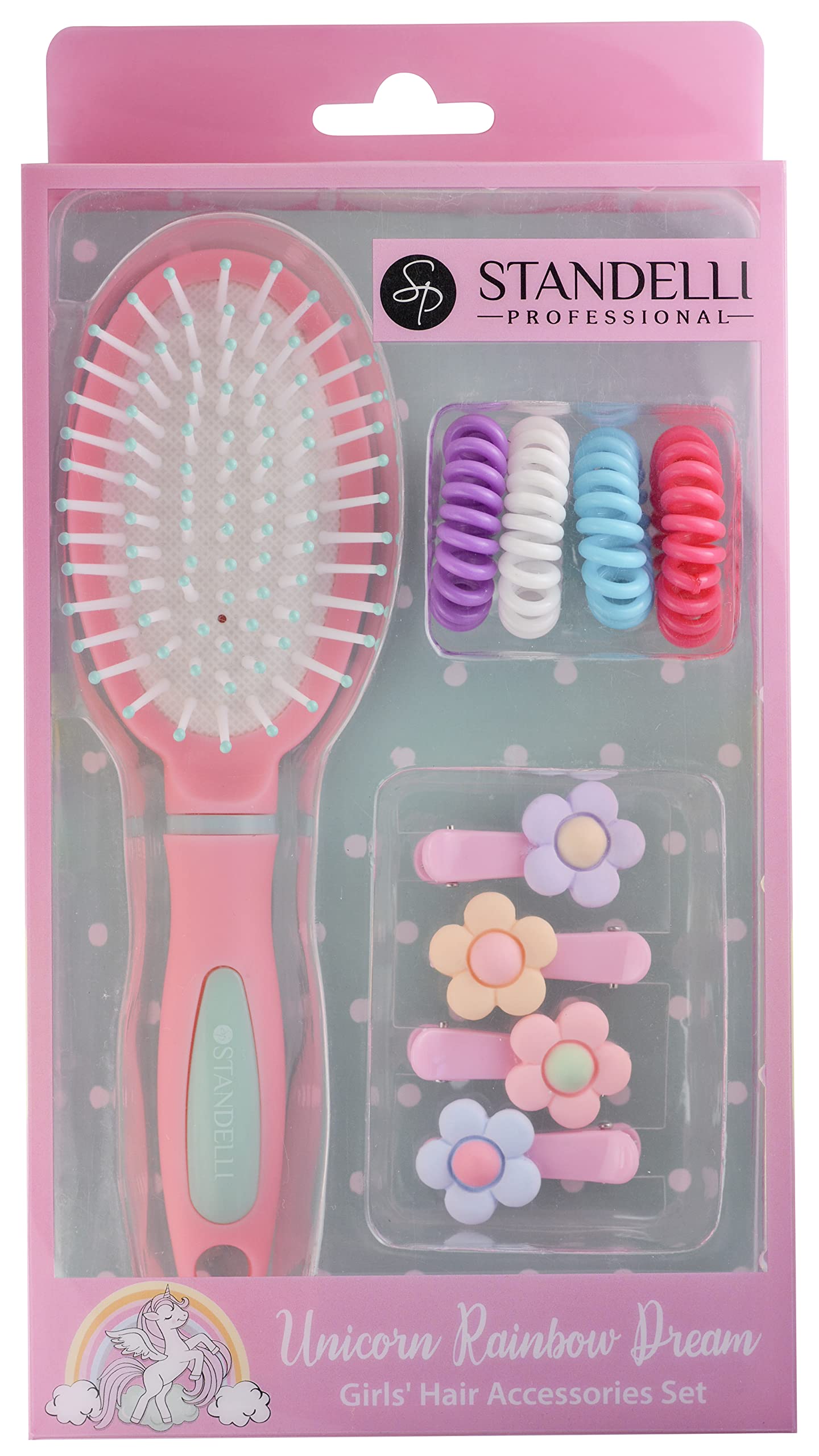 Standelli Unicorn Rainbow Dream Hair Accessories Gift Set for Girls - Includes Hair Brush, 4 Hair Bands & 4 Hair Clips | Perfect for Birthday Gifts, Party Favors & Everyday Hair Styling