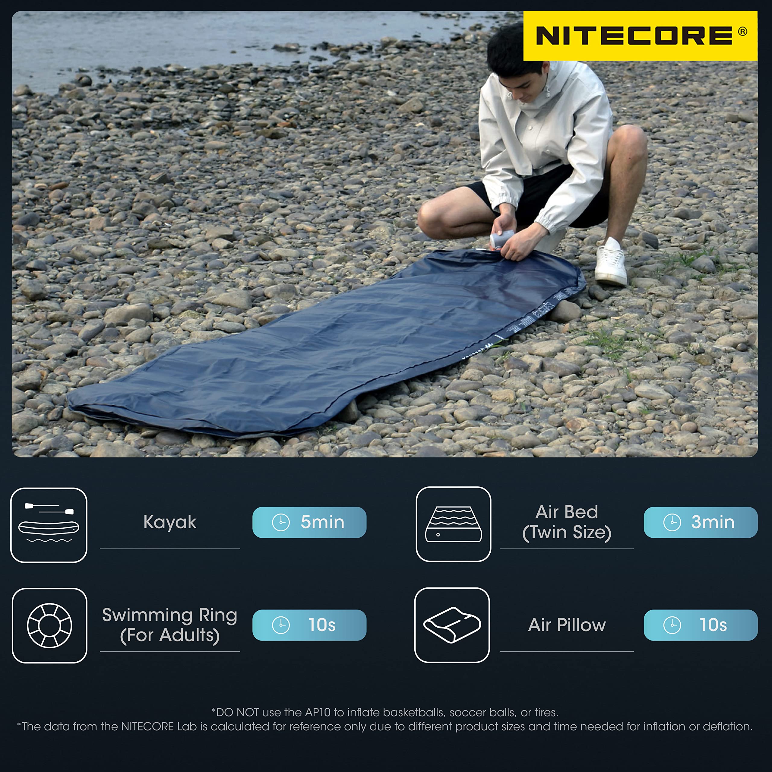 NITECORE AP10 Compact Electric Air Pump with LED Light, 3600mAh Rechargeable Battery, USB-C Fast Charging - Portable Inflator Deflator for Air Mattress, Pool Floats, Kayak, Vacuum Storage Bags | Perfect for Camping, Travel & Home Use