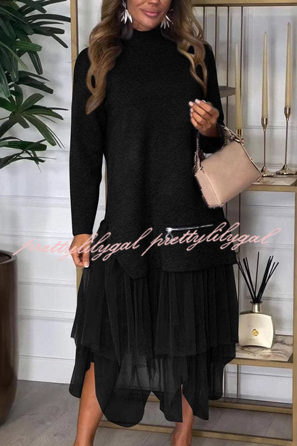 Taylor Knit Turtleneck Zip-Up Top & Elastic Waist Tulle Loose Midi Skirt Set - Women's Casual Winter Outfit for Office, Date Night & Holiday Parties