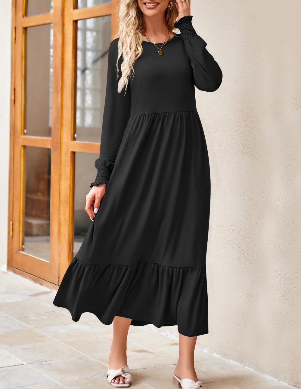 ZESICA Women's Spring Long Sleeve Dress 2025 - Crewneck Casual Loose Pleated Tiered Swing Midi Dress with Pockets | Perfect for Office, Brunch & Spring Outings
