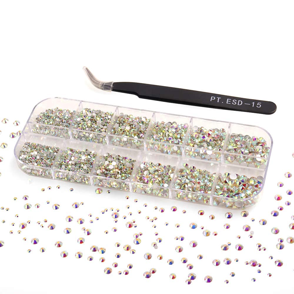 3000PCS AB Rhinestones for Nails - Mixed Size Round Flatback Gems for Face, Crafts, Clothes & Shoes Decor - Shiny Glass Crystals with Storage Box & Tweezers - Perfect for Nail Art, Body Jewelry, Fashion Accessories and DIY Projects
