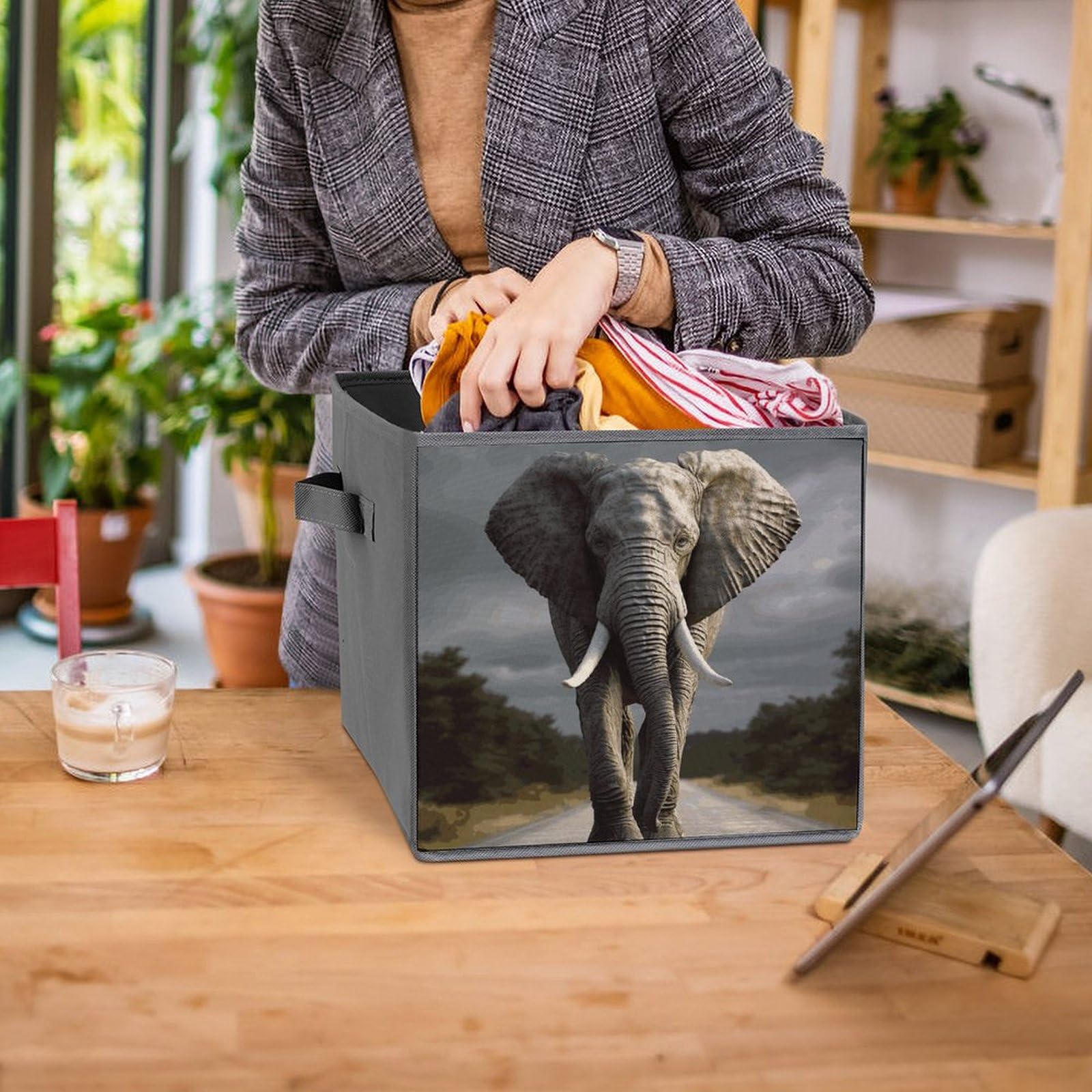 6PCS Collapsible Storage Bins with Handles - 3D Elephant Printed Foldable Storage Boxes for Home Organization, Closet, Nursery & Office - Space Saving Storage Containers for Shelves, Cabinets & Underbed