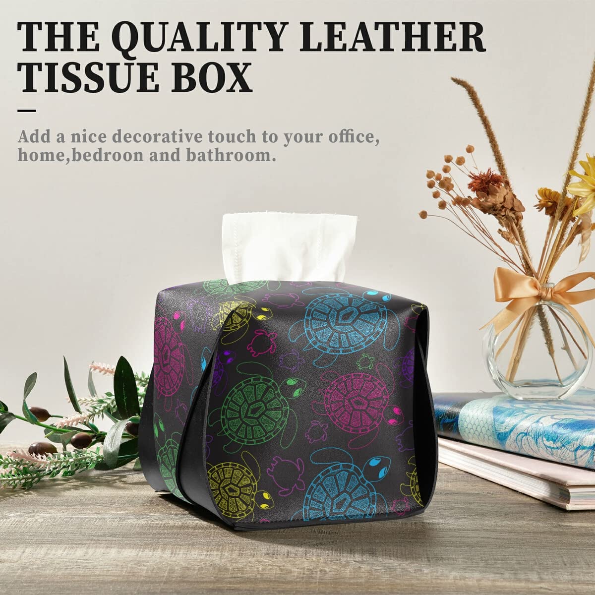 Colorful PU Leather Tissue Box Cover with Hanging Loop - Rectangle Facial Tissue Dispenser for Bathroom, Bedroom Nightstand & Office Desk Organization