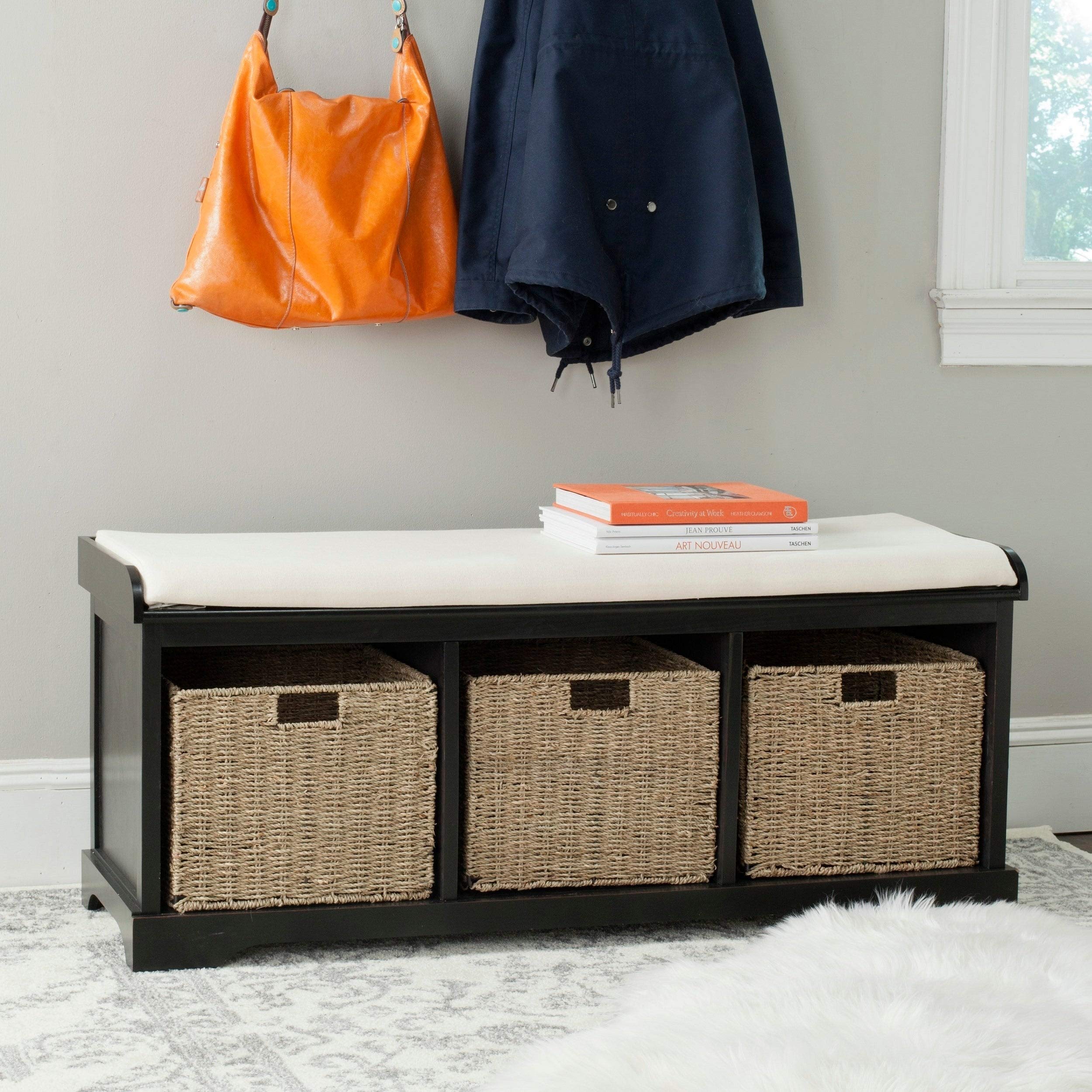 Black & White Storage Bench - Solid Farmhouse Pine Wooden Seat with Hidden Storage - Perfect for Entryway, Bedroom, or Living Room Organization