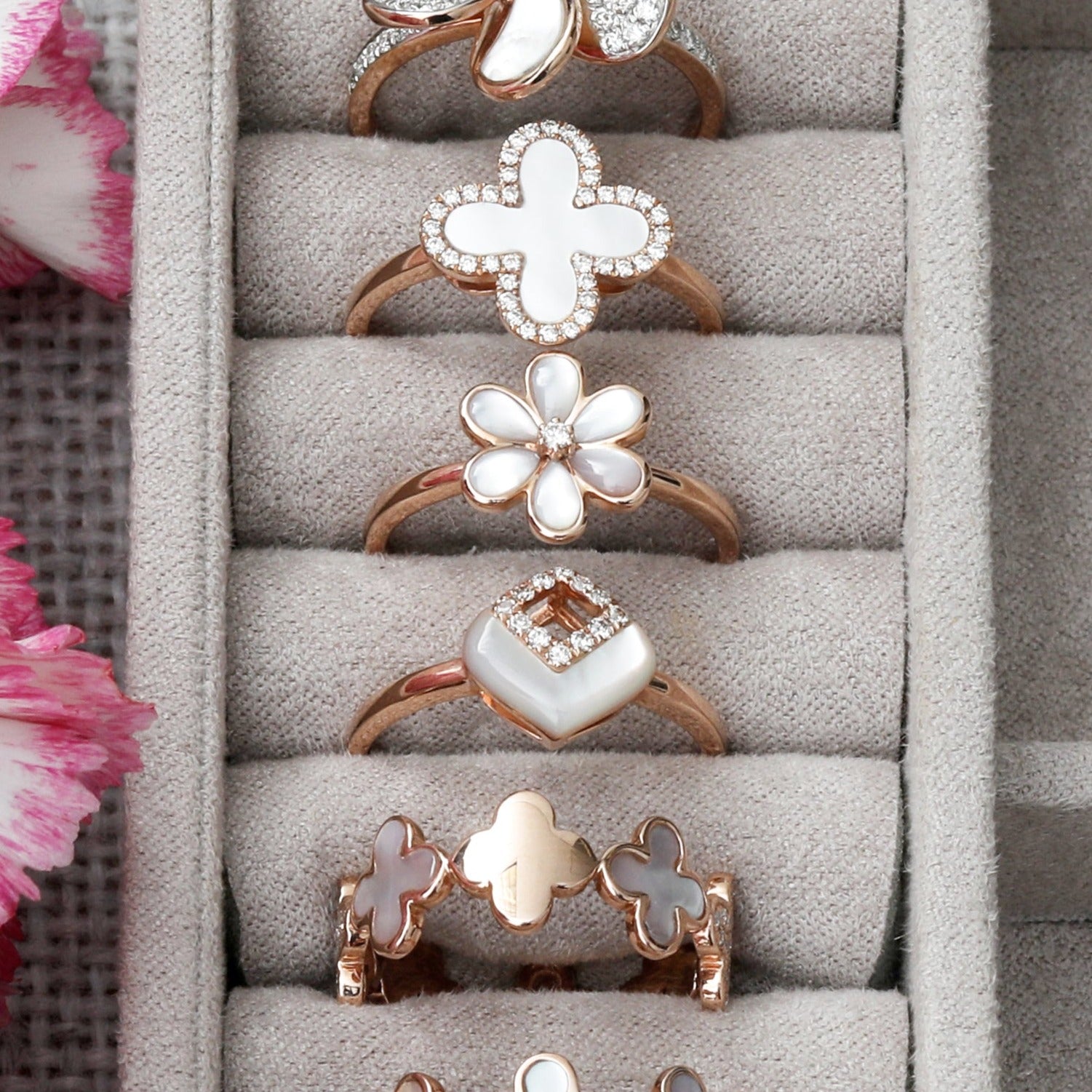 14k Rose Gold Mother of Pearl Flower Ring with Diamond Center - Elegant Jewelry for Weddings, Anniversaries & Special Occasions