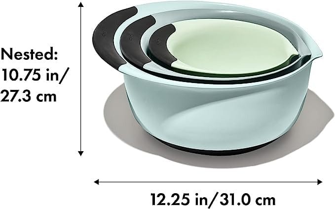 OXO 3-Piece Mixing Bowl Set - Non-Slip Nesting Bowls with Pour Spouts (Blue, Grey & Jade) for Baking, Meal Prep & Kitchen Organization