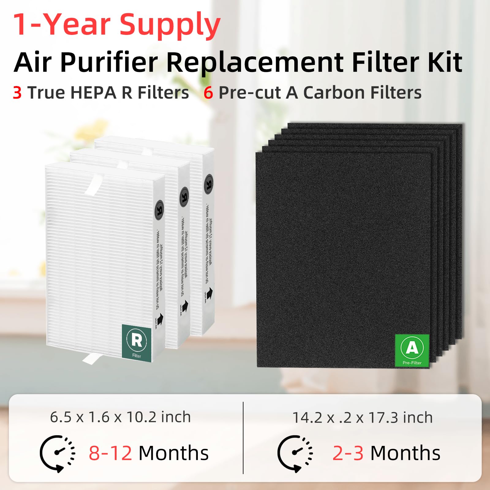 HPA300 HEPA Filter Replacement for Honeywell Air Purifier - 3 HEPA R Filters & 6 Pre-cut Activated Carbon Pre-filters by APPLIANCEMATES | Perfect for Allergies, Pet Dander & Smoke Removal in Home & Office