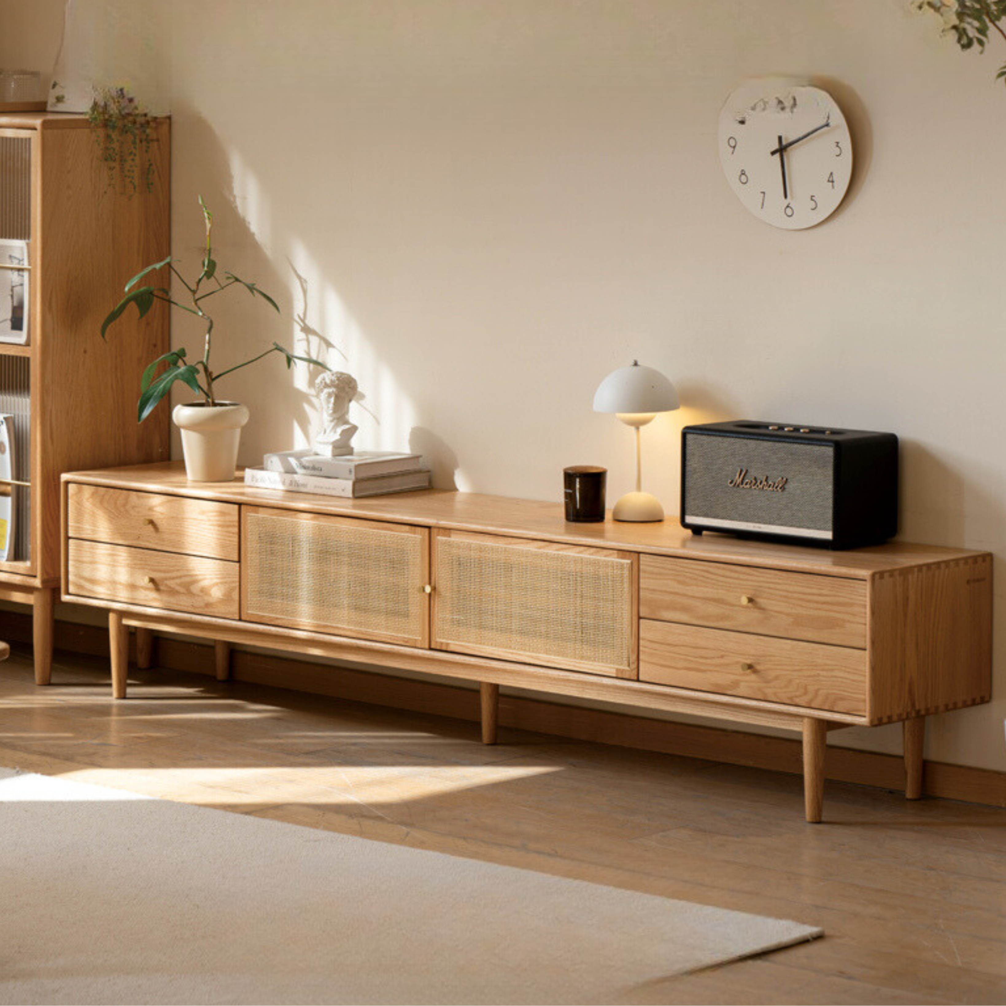 Solid Oak Wood TV Stand with Rattan Doors - Stylish Media Console for Living Room, Bedroom, or Home Theater