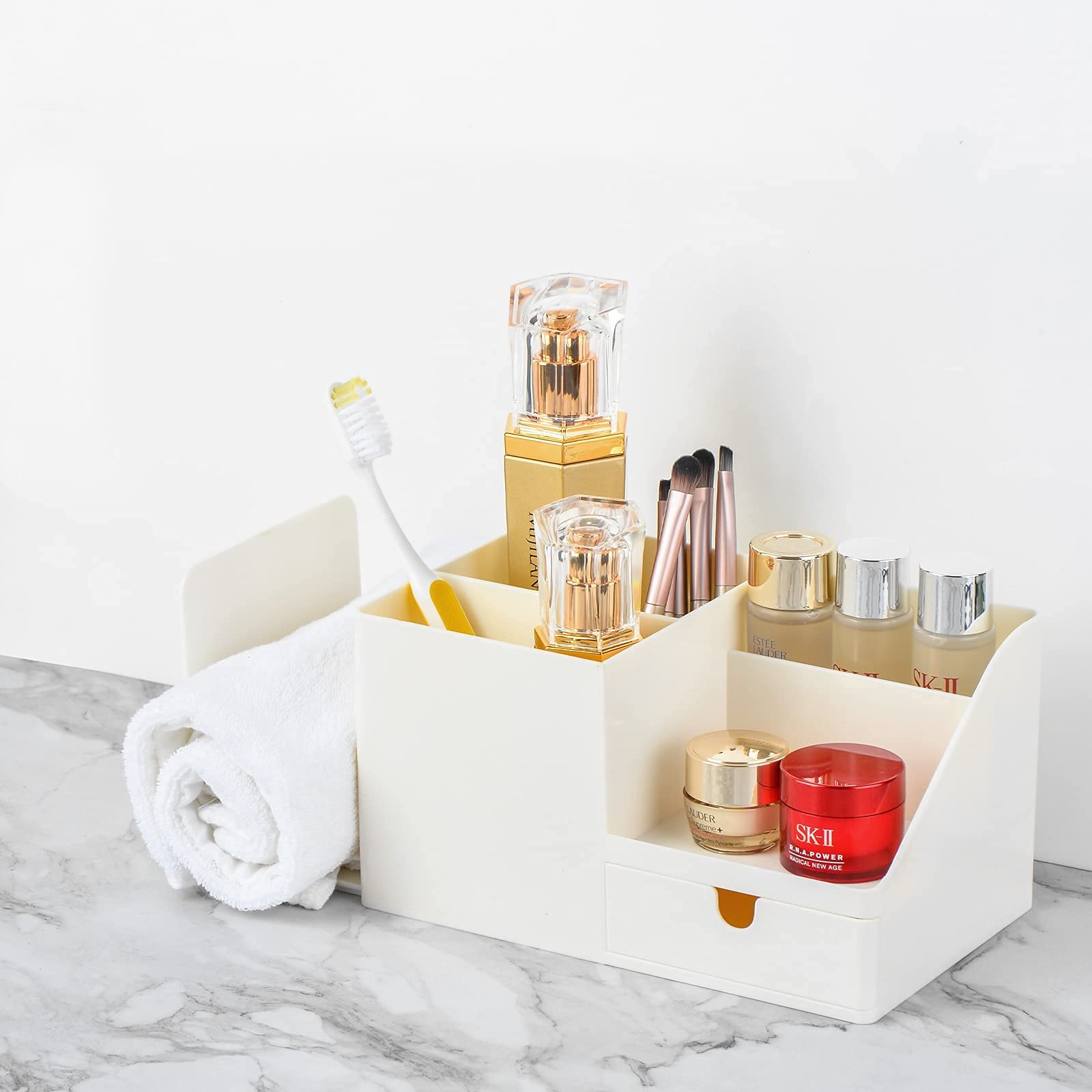 White Multifunctional Desk Organizer with Bookshelf & Drawer - Office Stationery Storage, Makeup Organizer, Bookends - Perfect for Home Office, Study Desk, and Beauty Vanity (Small, Beige)