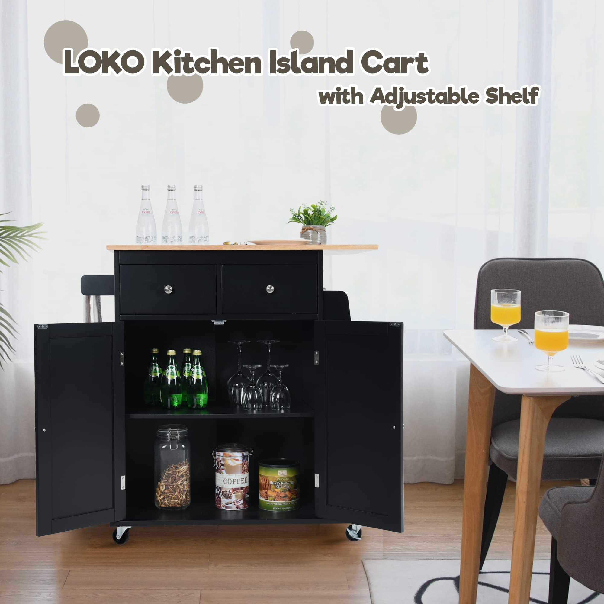 LOKO 3-Tier Rolling Kitchen Island Cart with Spice Rack & Towel Holder - Mobile Microwave Stand with Wheels & Rubber Wood Tabletop - 34.5