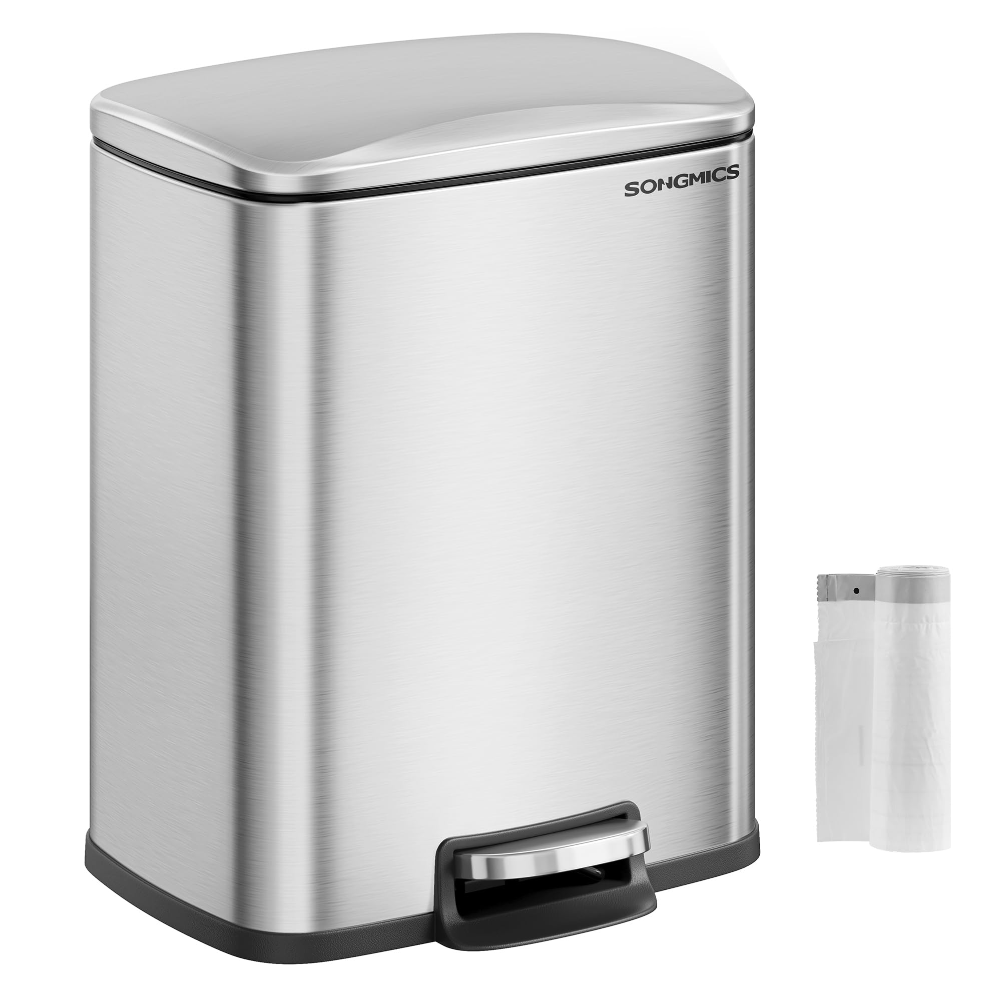 SONGMICS 5.2-Gallon Stainless Steel Step Trash Can with Lid - Soft Close, Stay Open Feature & Inner Bucket - Includes 15 Trash Bags - Perfect for Kitchen, Bathroom, Office, or Garage Waste Disposal (Silver, ULTB543E01)