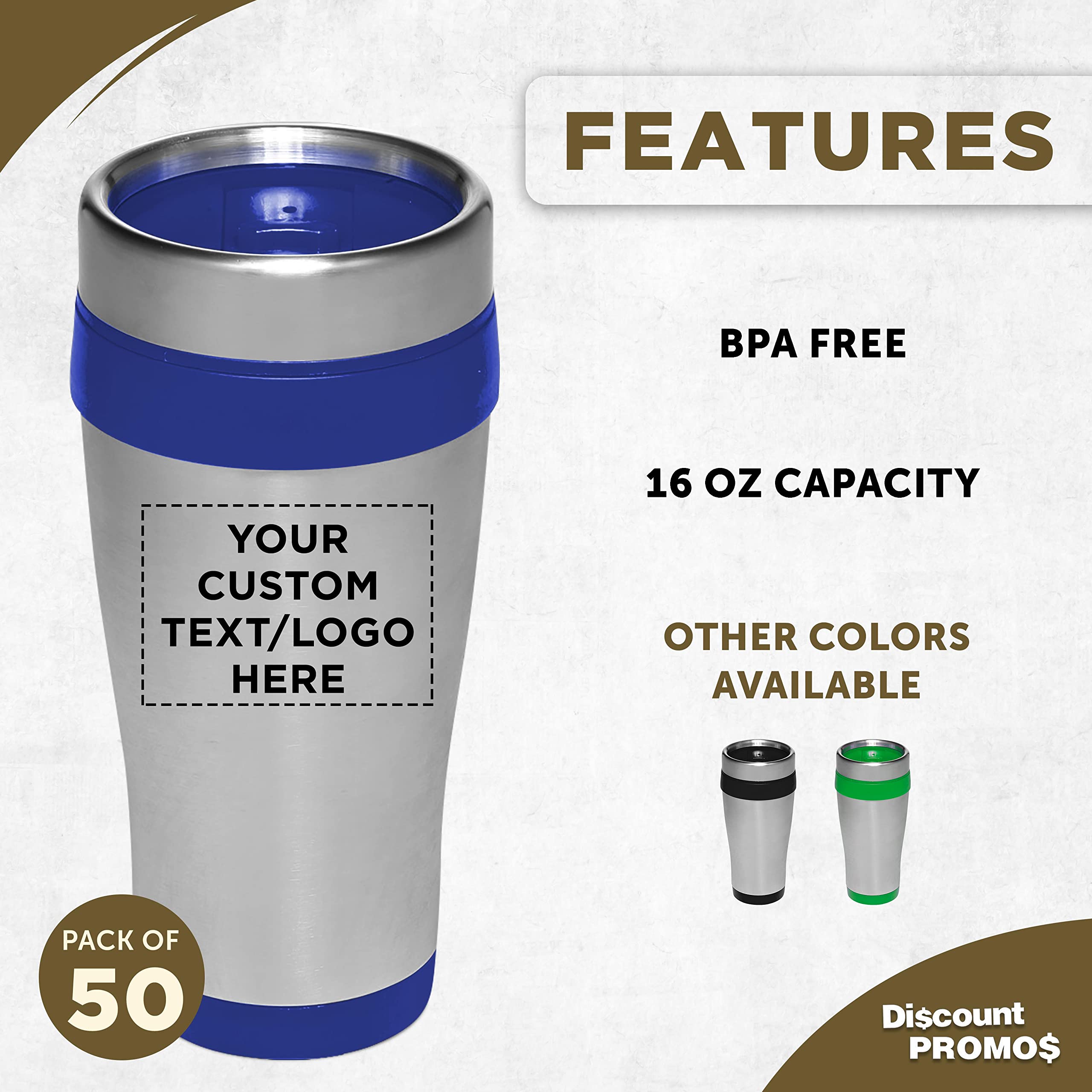 Custom Insulated Stainless Steel Travel Mugs 16 oz (50-Pack) - Personalized Bulk Coffee Cups for Hot & Cold Beverages - Reusable Drinkware for Office, Events, Promotions & Gifts - Blue