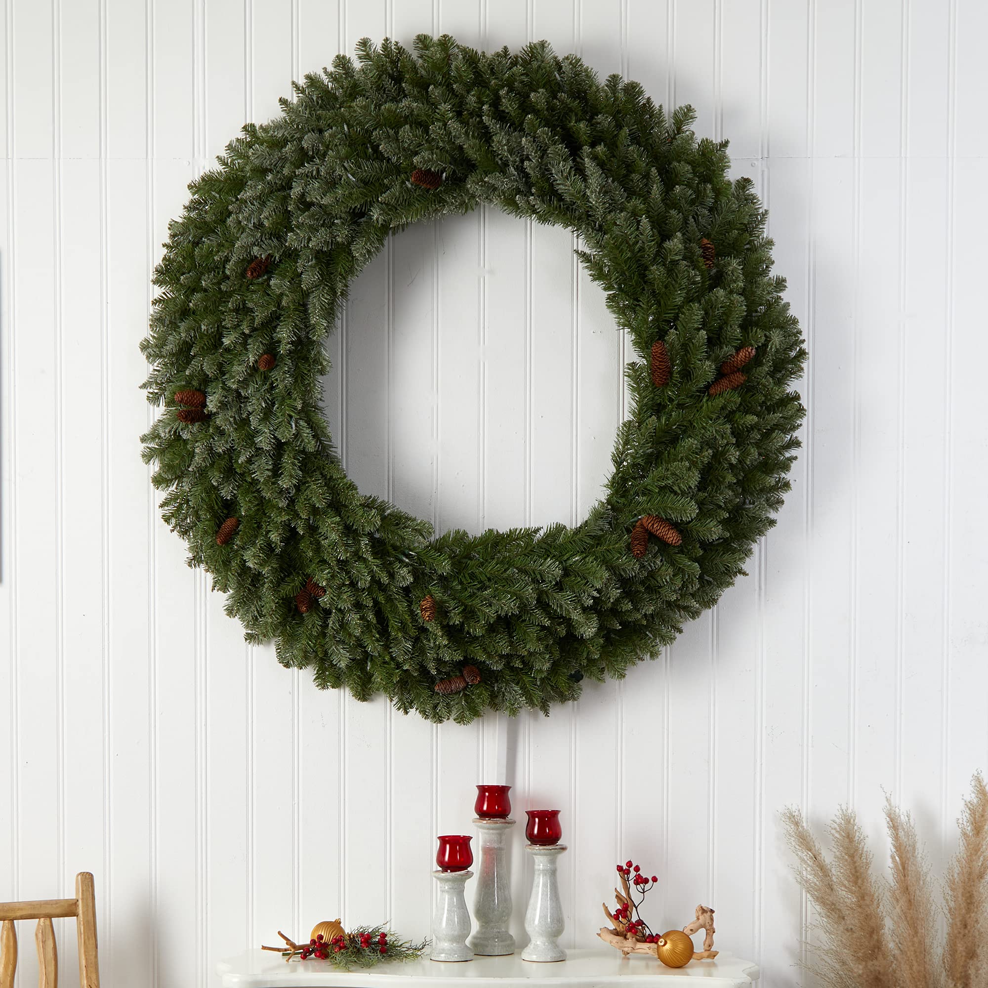 Nearly Natural 5ft Flocked Artificial Christmas Wreath with Pinecones, 300 Clear LED Lights & 680 Bendable Branches – Perfect for Holiday Door Decor, Fireplace Mantel & Festive Home Decoration