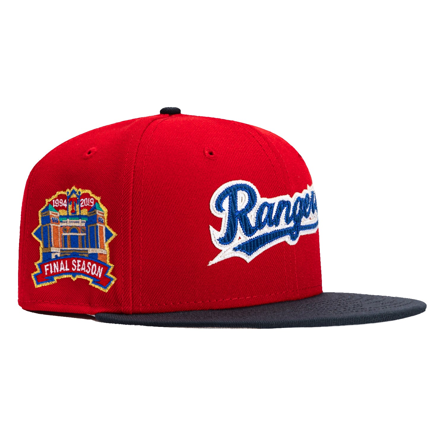 New Era 59Fifty Corduroy Texas Rangers Final Season Patch Baseball Cap - Red & Navy Blue Adjustable Fitted Hat for MLB Fans, Sports Enthusiasts | Perfect for Game Day, Casual Wear & Collectors
