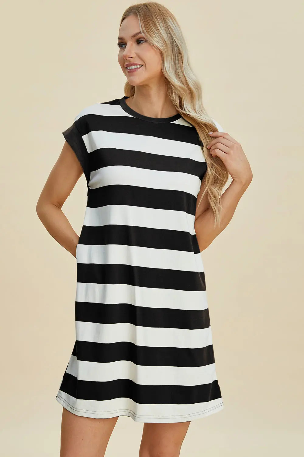 Basic Bae Women's Full Size Striped Round Neck Cap Sleeve Mini Dress - Casual Summer Outfit for Beach, Party & Date Night