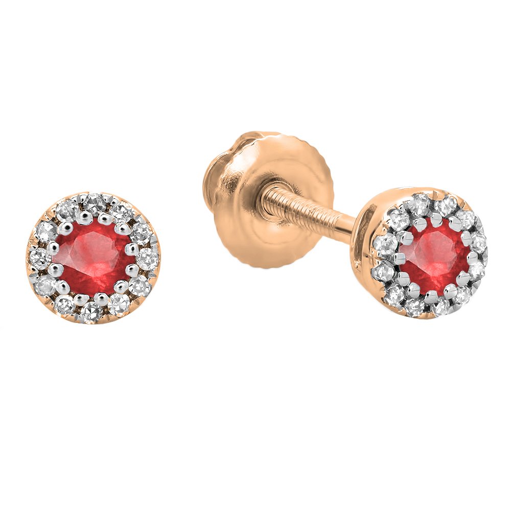 2.5mm Round Ruby & White Diamond Halo Stud Earrings for Women - 14K Solid Gold Dazzlingrock Collection | Elegant Gift for Anniversary, Birthday & Special Occasions