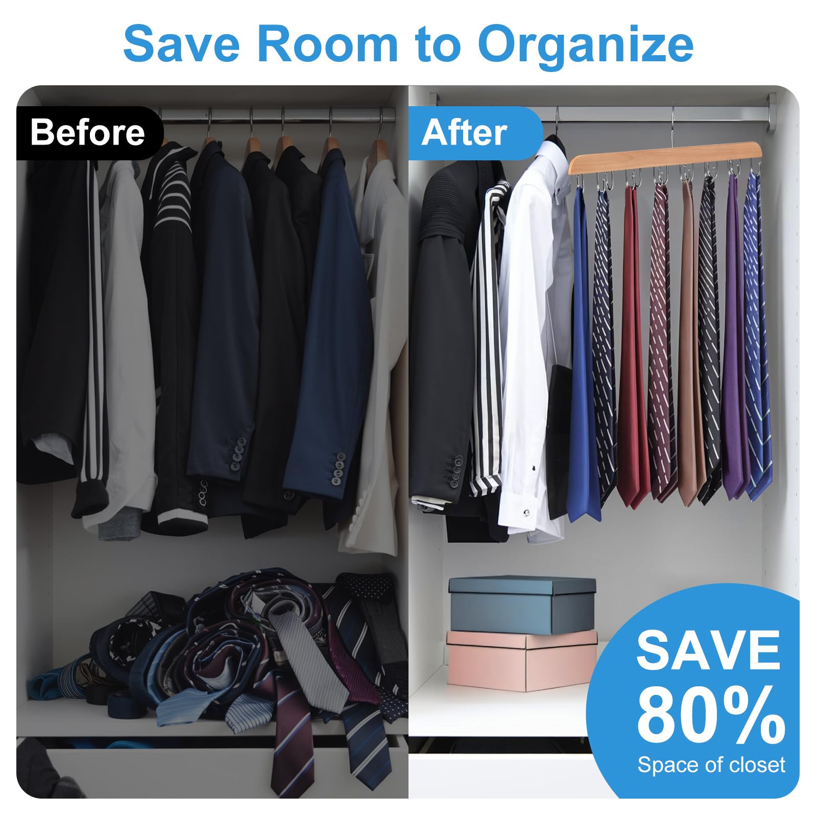 Sturdy Wooden Belt Hanger for Closet - 14 Hooks Holds 42 Belts & Ties | Space-Saving Closet Organizer for Men & Women | Perfect for Bedroom, Walk-in Closet & Dorm Storage (Yellow, 1 Pack)