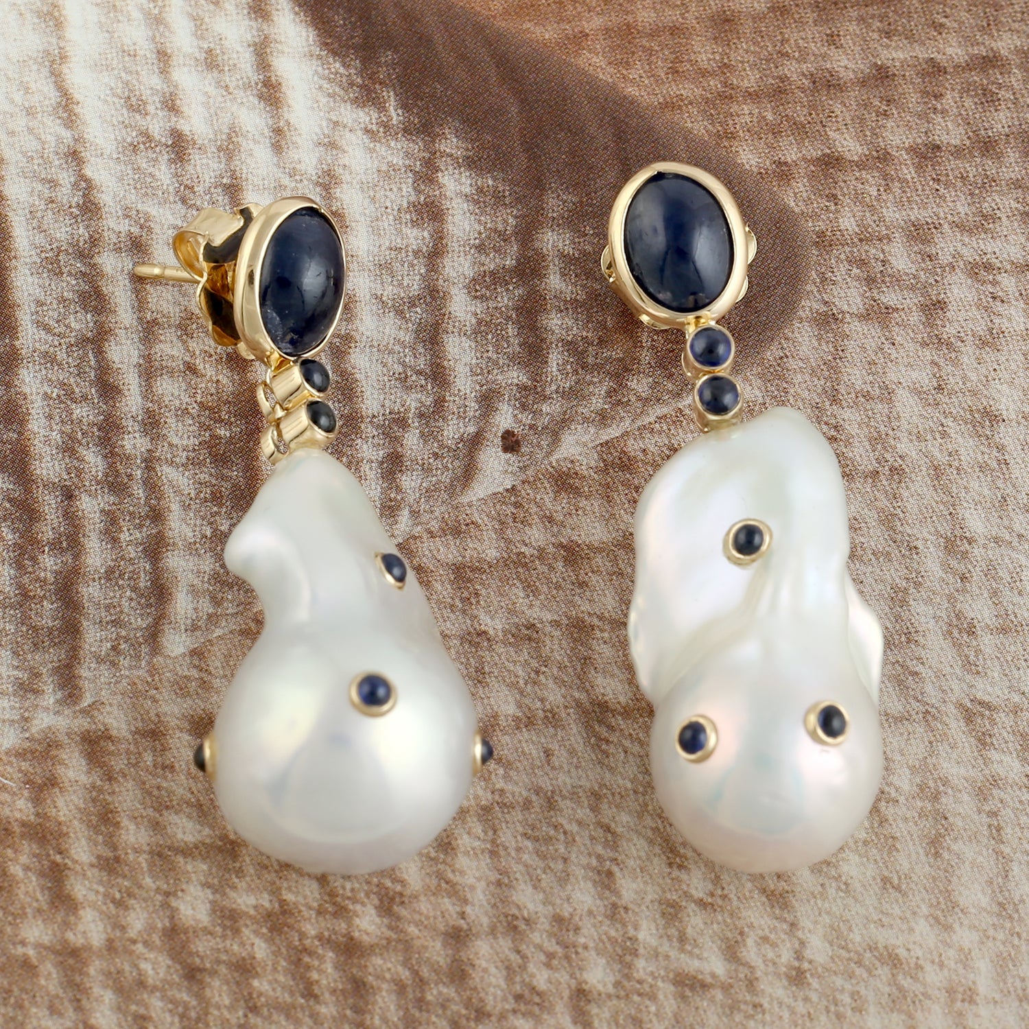 18K Yellow Gold Baroque Pearl & Blue Sapphire Dangle Earrings - Elegant Vintage Jewelry for Women, Perfect for Weddings, Parties & Special Occasions