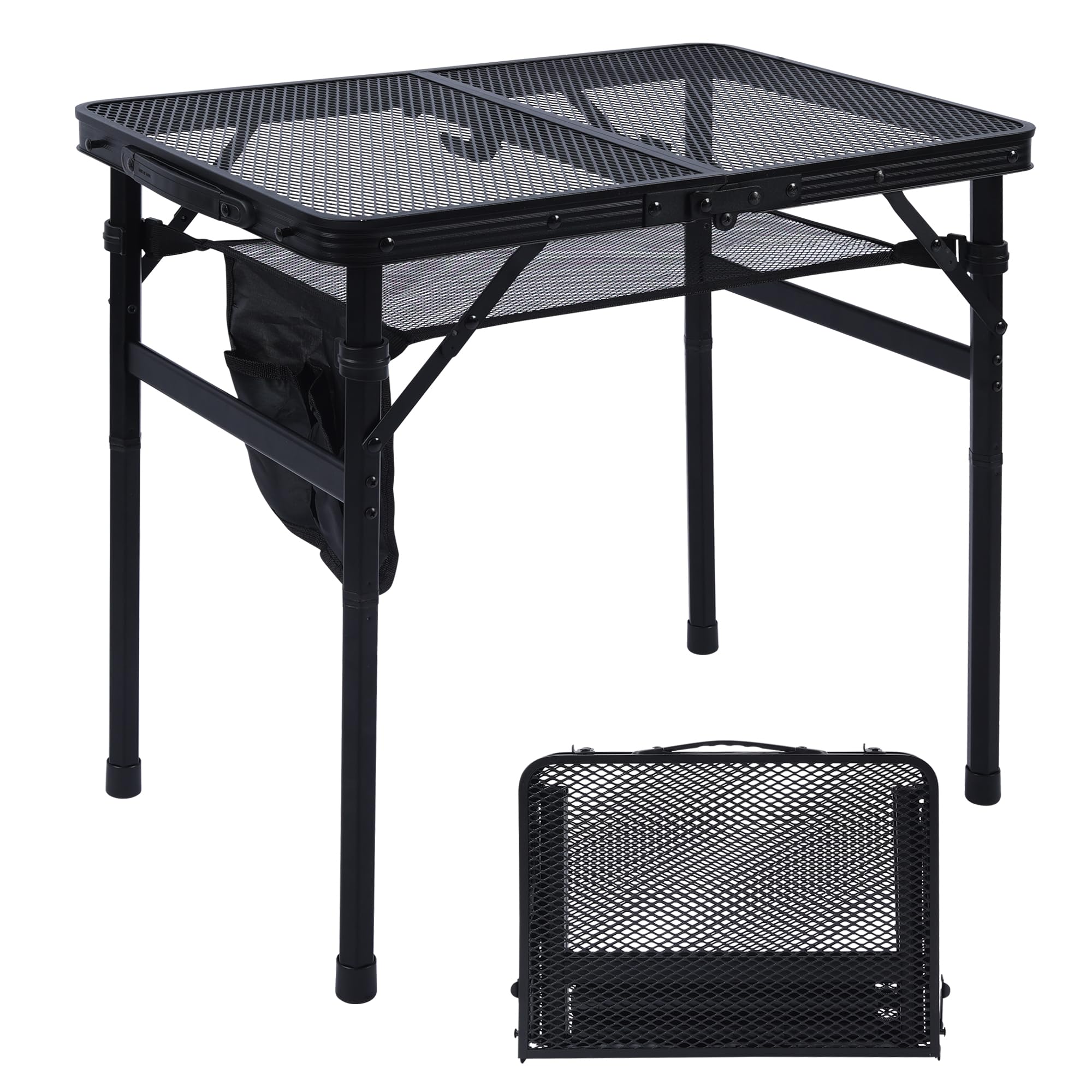 **2x1.3 FT Portable Folding Camping Table - Lightweight Adjustable Height Metal Grill Table with Mesh Desktop & Carry Bag - Perfect for Outdoor Camping, Picnic, Beach & BBQ (Black)**    *(Use Cases: Ideal for camping trips, backyard BBQs, beach outings, picnics, tailgating, and outdoor dining.)*
