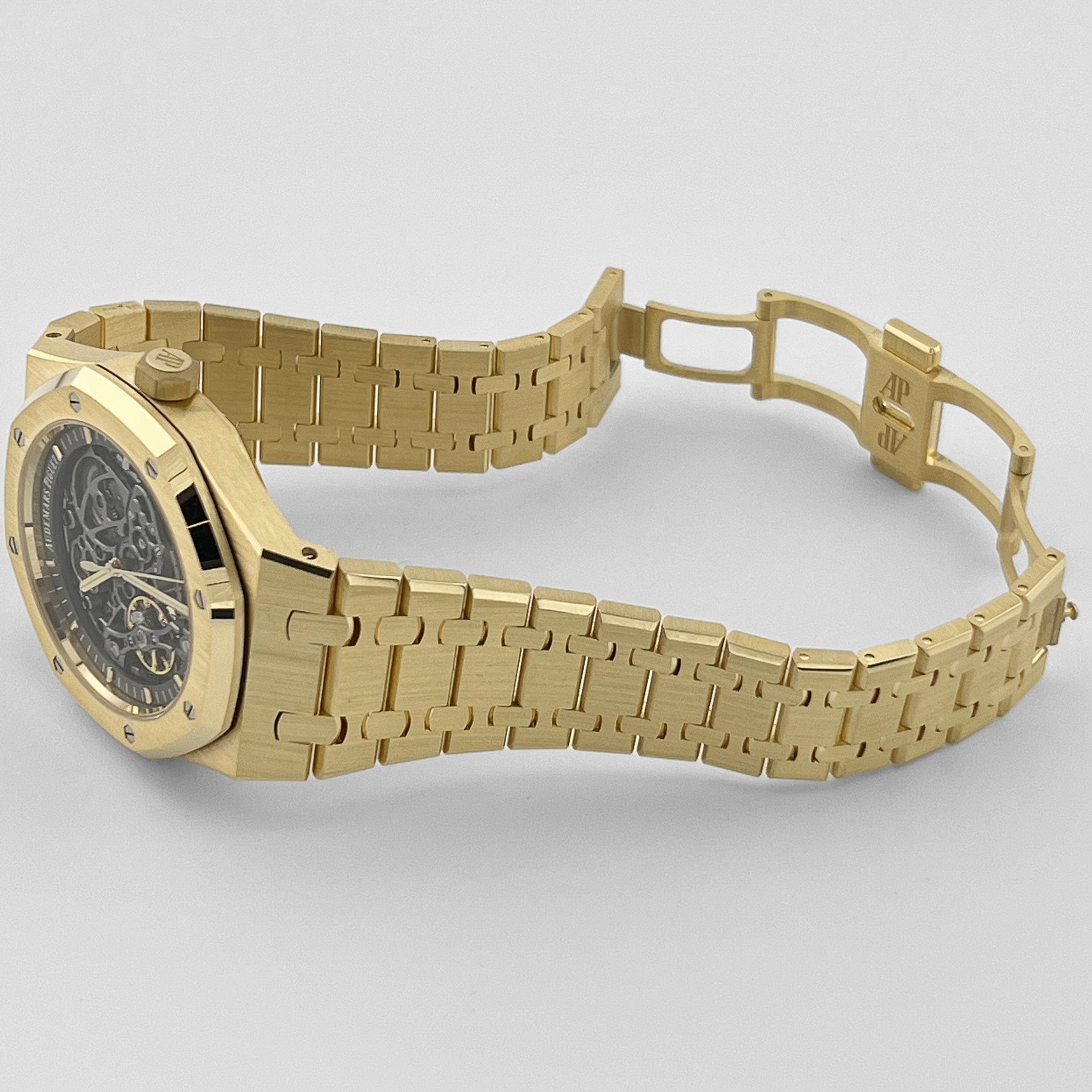 Audemars Piguet Royal Oak 15407BA.OO.1220BA.01 18K Yellow Gold Skeleton Watch with Double Balance Wheel - Luxury Openworked Dial for Men, Perfect for Business Meetings & Formal Events