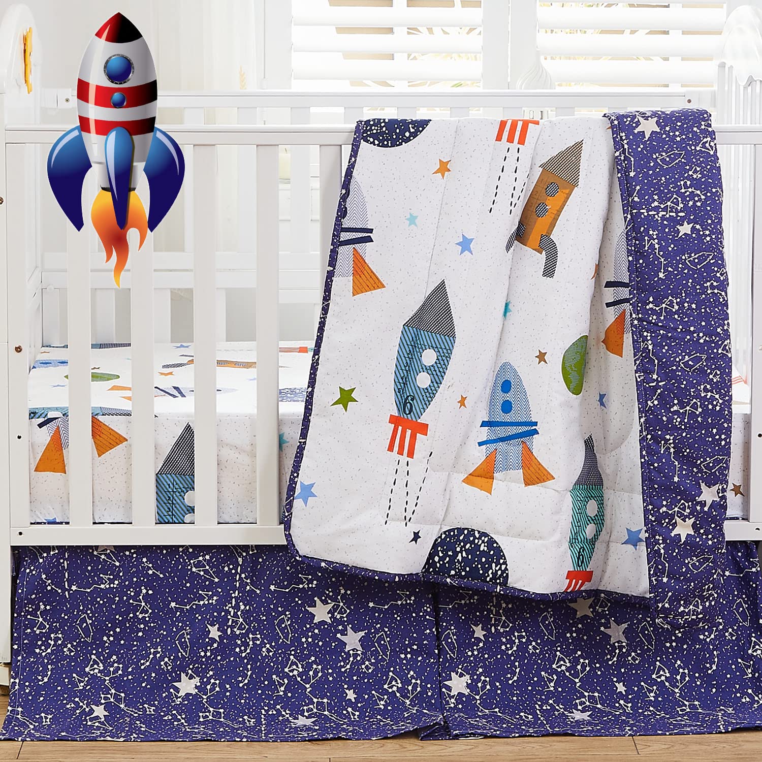 Brandream Space Crib Bedding Set for Boys - 3 Piece Rocket & Galaxy Themed Nursery Collection | 100% Soft Cotton Baby Bedding | Perfect for Nursery Decor, Baby Showers & Space-Themed Rooms
