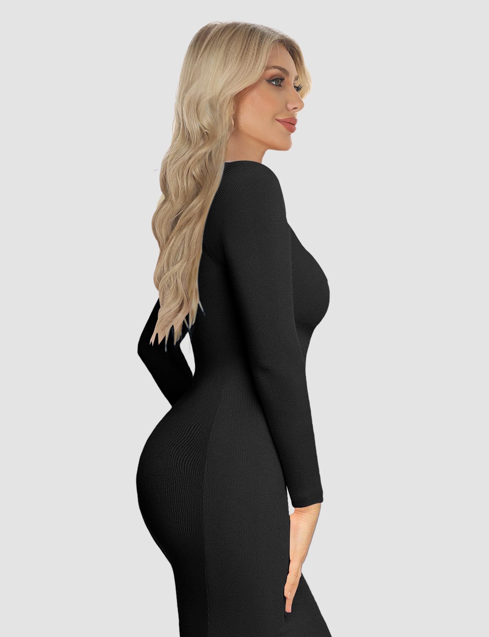 Sexy Black Bodycon Maxi Dress for Women - Long Sleeve Ribbed Crew Neck Elegant Lounge Dress | Perfect for Fall, Parties, Date Night & Casual Wear