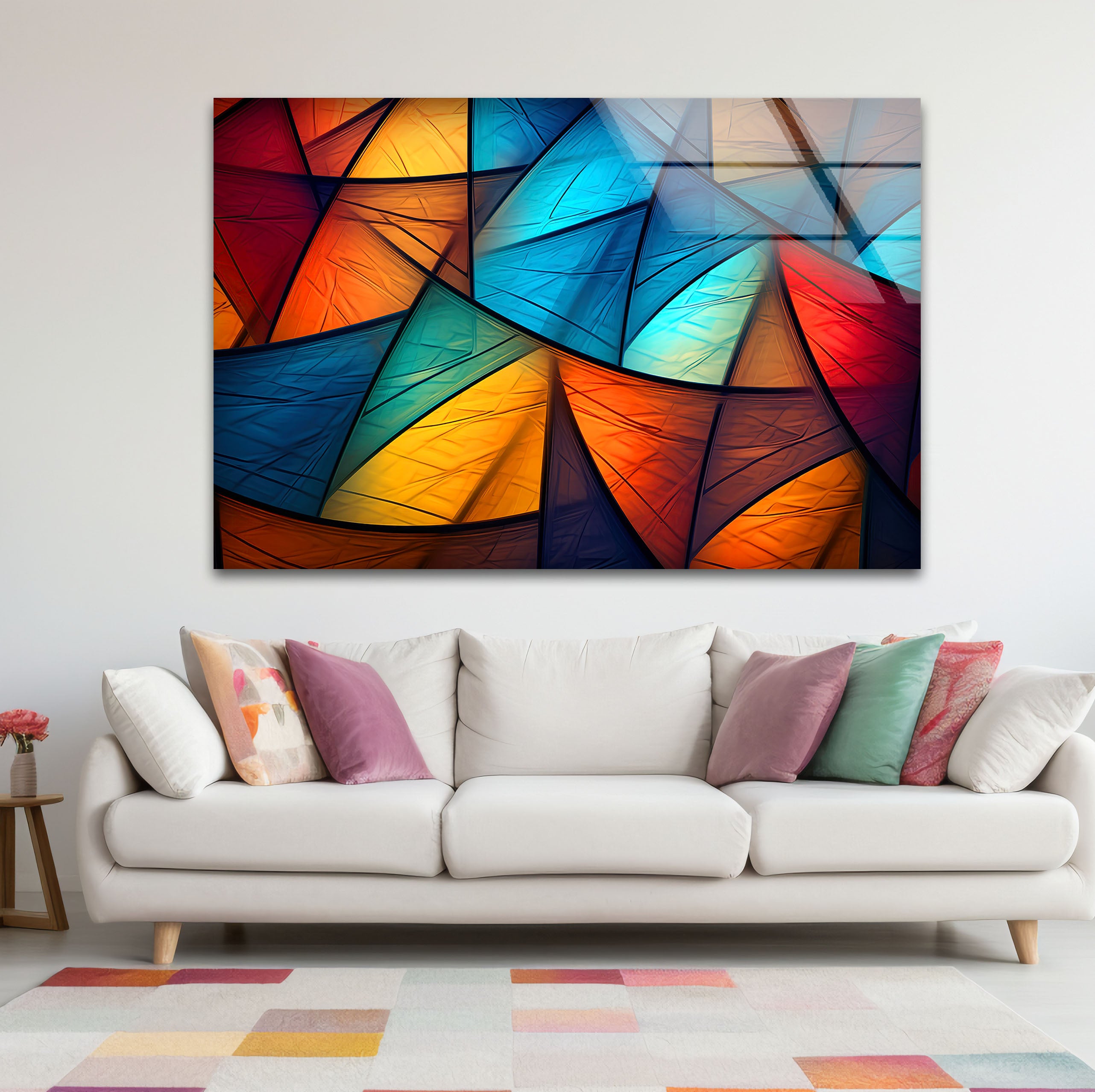 Modern Abstract Geometric Glass Wall Art - Vibrant Triangle Pattern Home Decor for Living Room, Bedroom & Office | Unique Handmade Wall Hanging