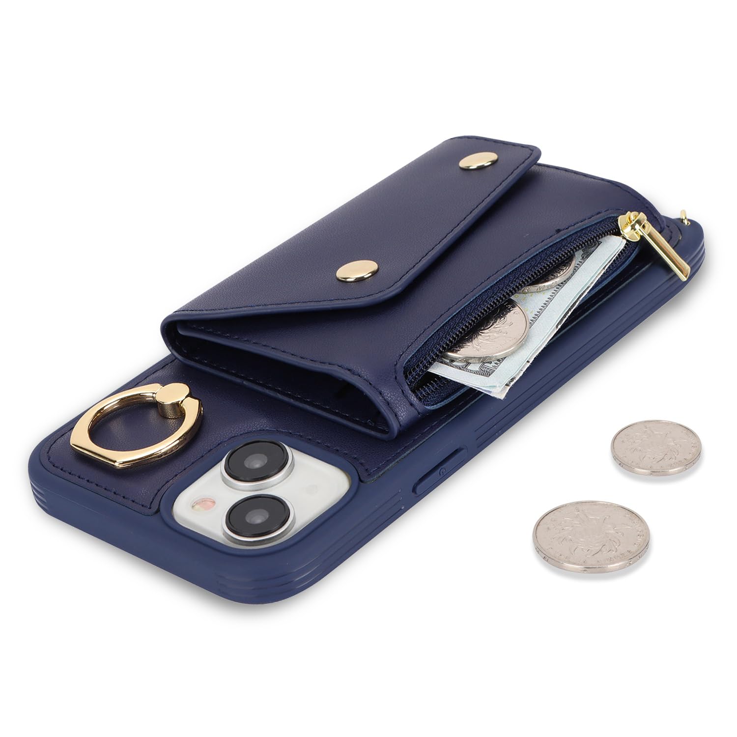 Premium iPhone 15 Wallet Case with Card Holder & Adjustable Crossbody Strap - Zipper Pocket, Stand Ring, 6.1 Inch Protective Phone Cover for Women (Dark Blue) - Perfect for Travel, Shopping & Everyday Use