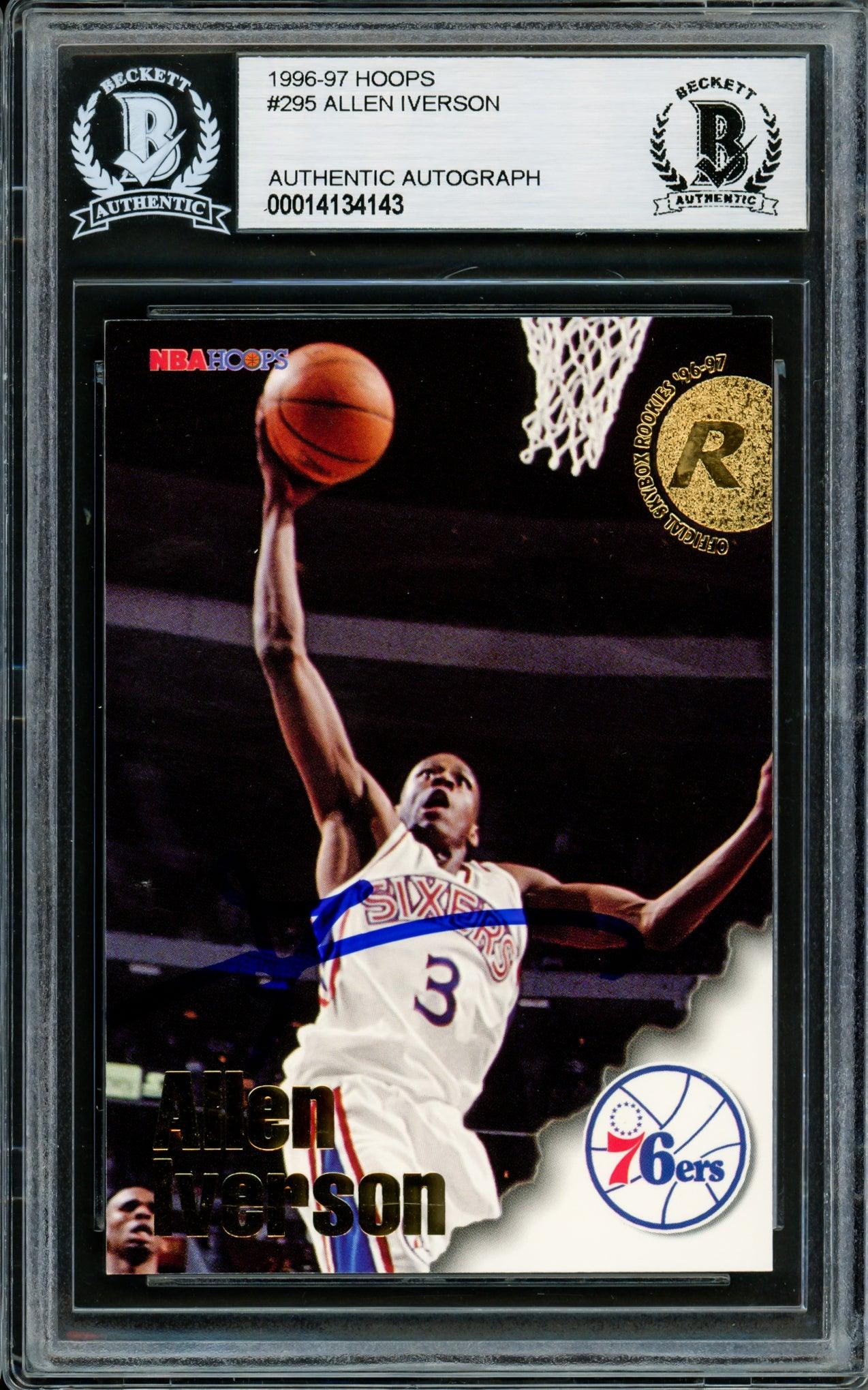 Allen Iverson Autographed 1996-97 Hoops Rookie Card #295 Philadelphia 76ers Beckett BAS #14134143 - Perfect for NBA Collectors, Sports Memorabilia Display & Investment
