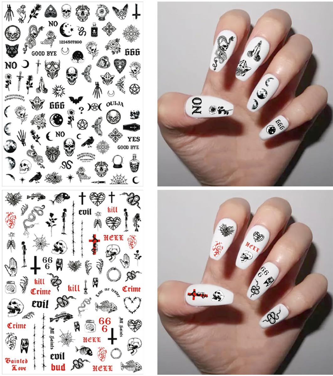 Gothic 3D Nail Art Stickers - Dark Skull, Heart, Cupid, Lips & Moon Designs - Acrylic Nail Decals for Halloween & Gothic Parties (8 Sheets) - Perfect for DIY Nail Art, Costume Events & Alternative Fashion