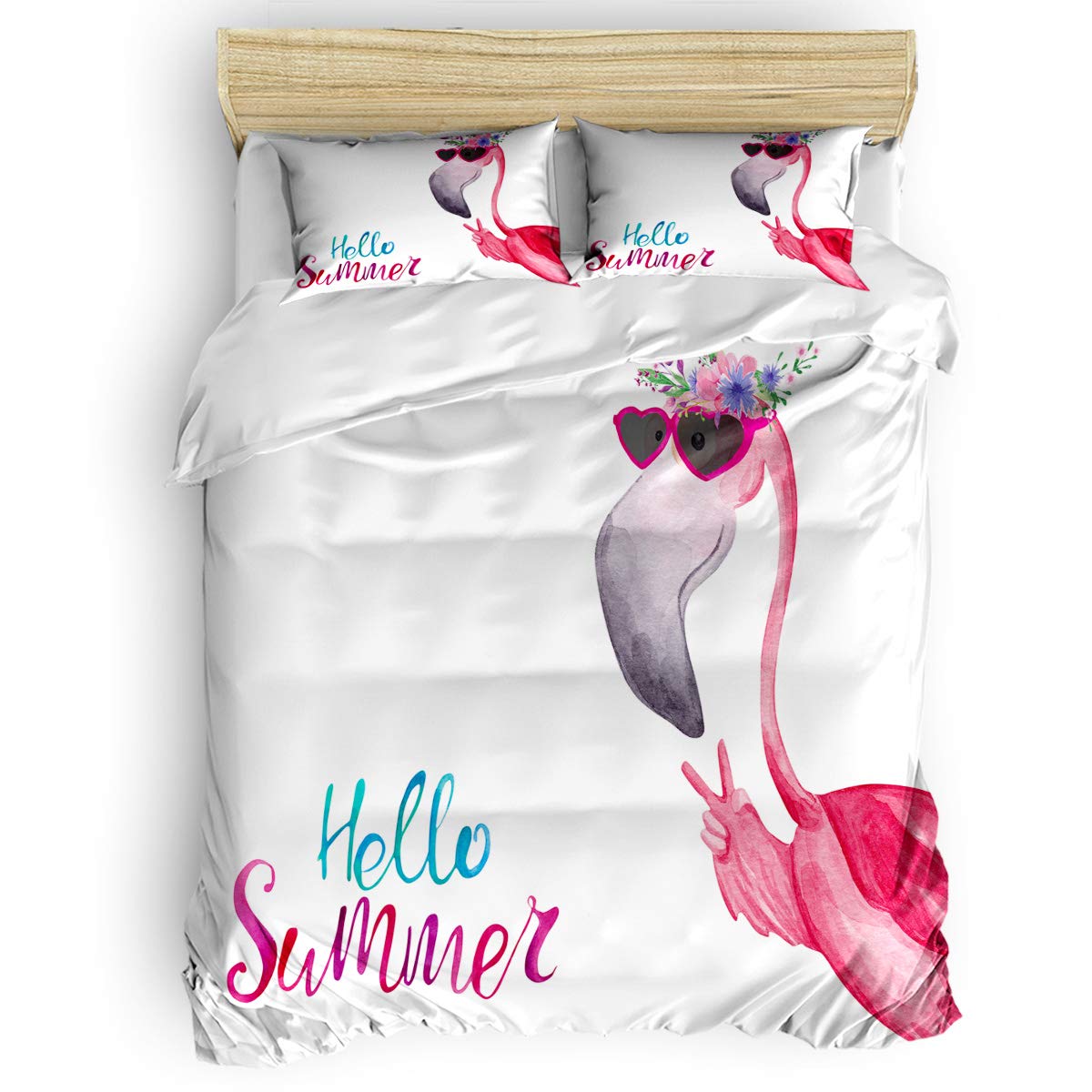 Queen Duvet Cover Set 4-Piece - Watercolor Flamingo with Sunglasses Ultra Soft Bedding | Includes Duvet Cover + 2 Pillowcases | Cute Cartoon Animal Floral Design for Kids, Teens, Women & Men | Perfect for Bedroom, Dorm Room & Guest Room Decor