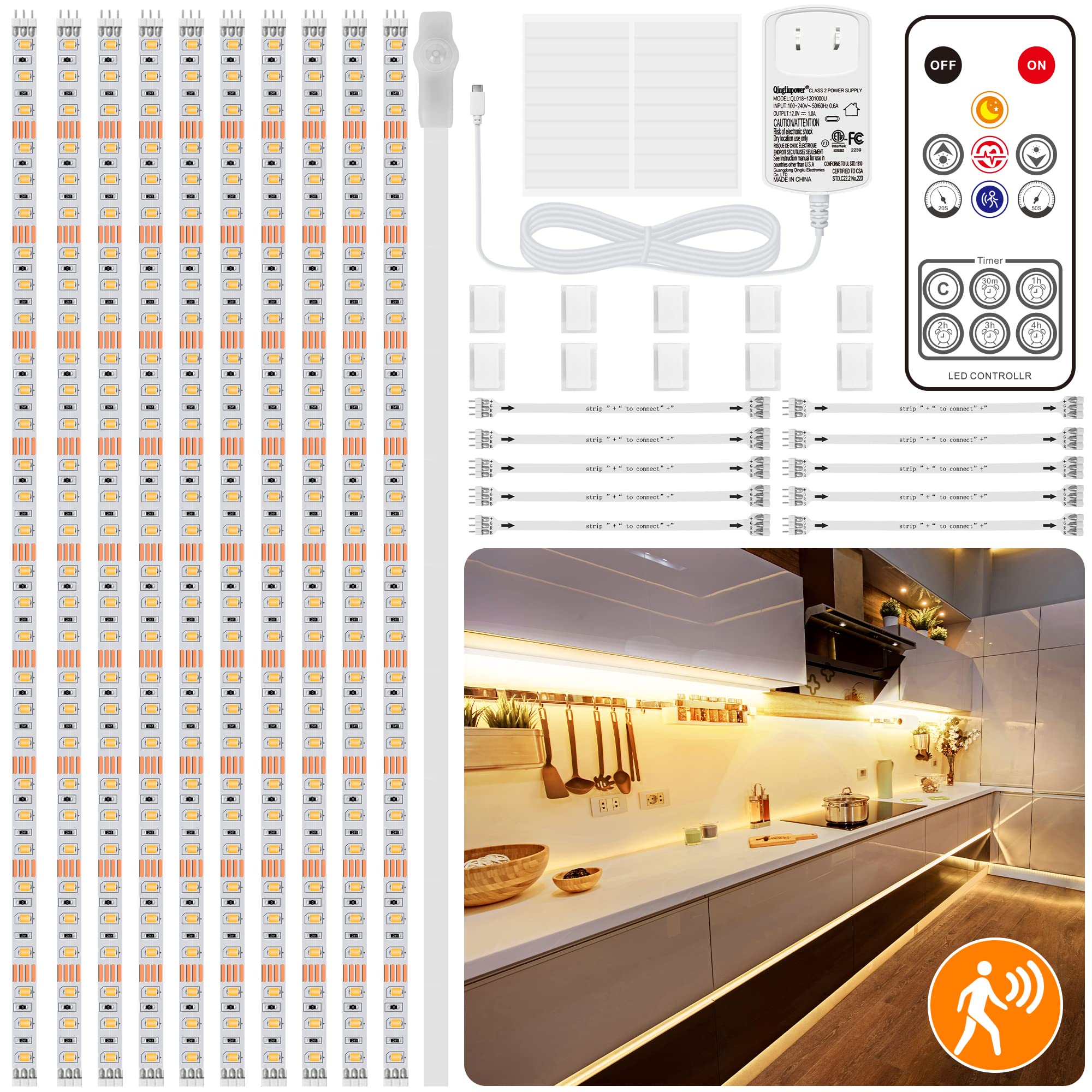 LAFULIT 10-Pack Under Cabinet LED Lights Kit with Motion Sensor & Remote - Dimmable Timer-Controlled Warm White Strip Lighting for Kitchen, Closet, Stairs, Shelf & Workspace - Perfect for Nighttime Safety & Task Illumination