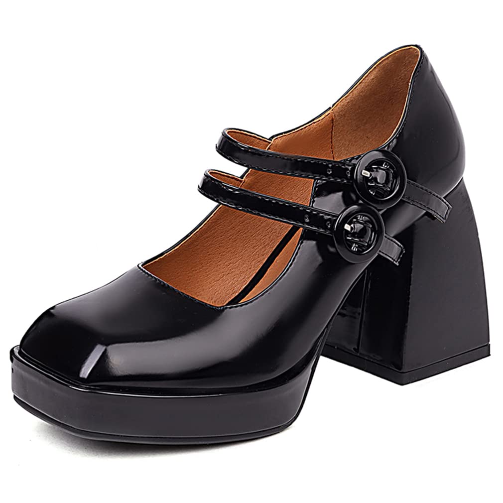 VARECOLA Women's Chunky Heel Square Toe Pumps - Patent Leather Platform High Heels with Pearl Chain Detail | Perfect for Office, Parties & Special Occasions