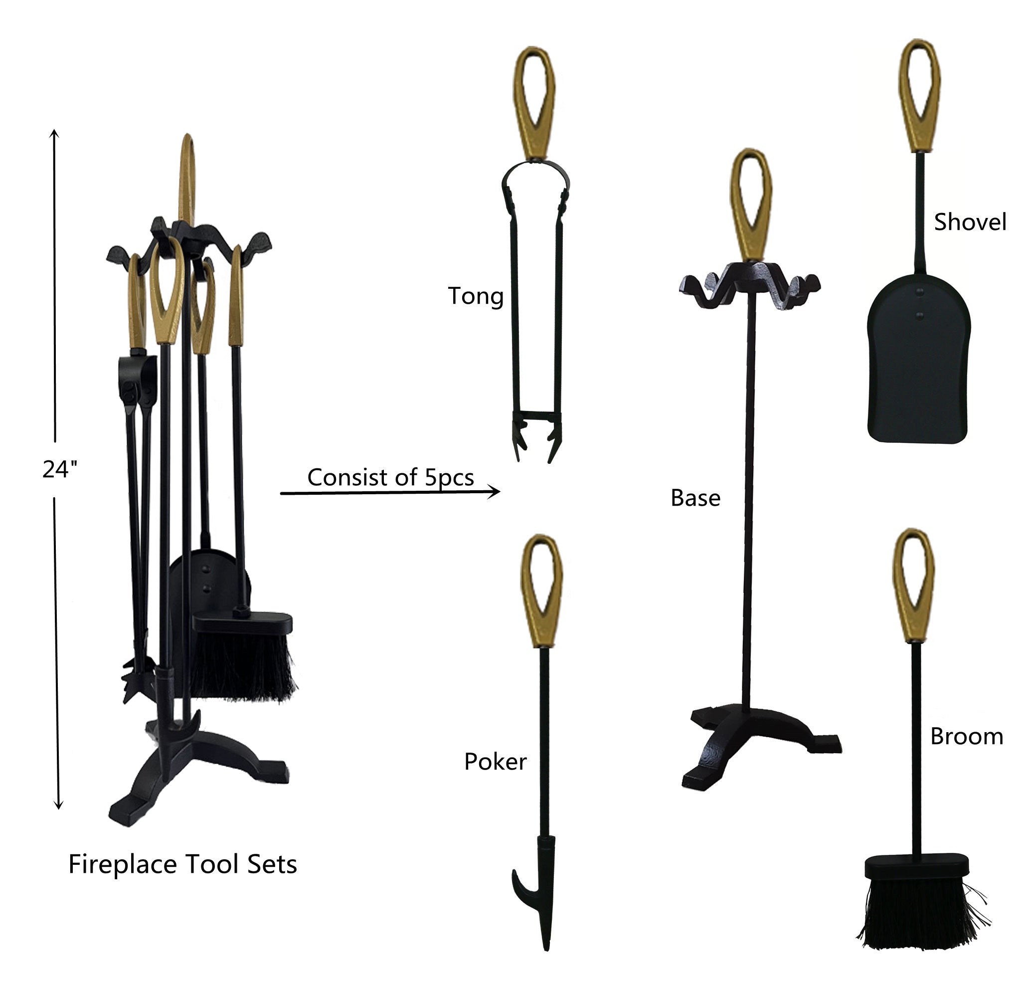 VODA Fireplace Tools Set VDTS203 - Heavy Duty Steel Fireplace Poker, Brush, Shovel & Stand - Perfect for Indoor & Outdoor Fire Pits, Wood Stoves & Fireplaces