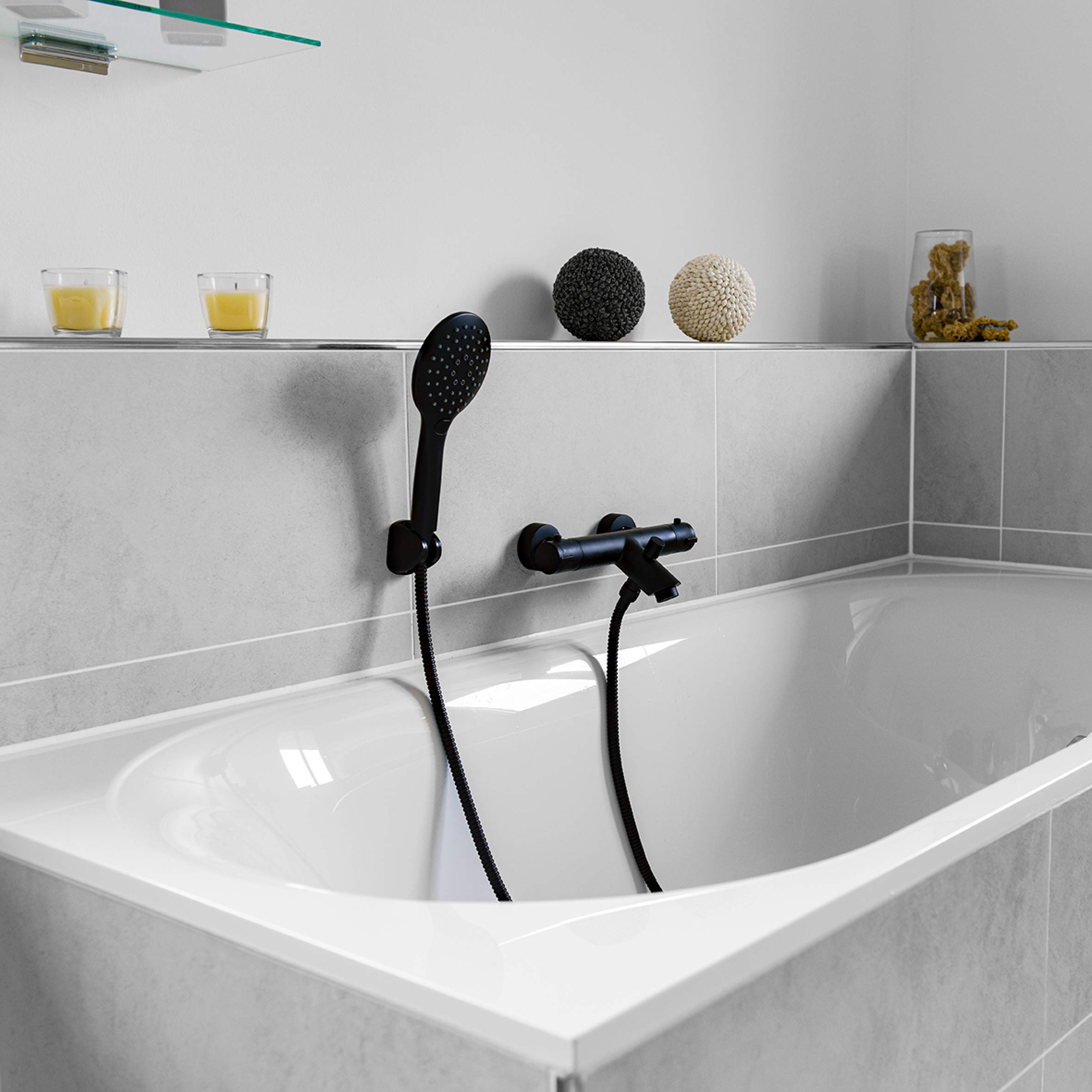 Wall Mounted Noir NERS2 Thermostatic Bath Mixer Tap - Matt Black Brass Body with Temperature Control Handle & Hot Water Lock | Perfect for Modern Bathrooms, Showers & Spa-Like Experiences